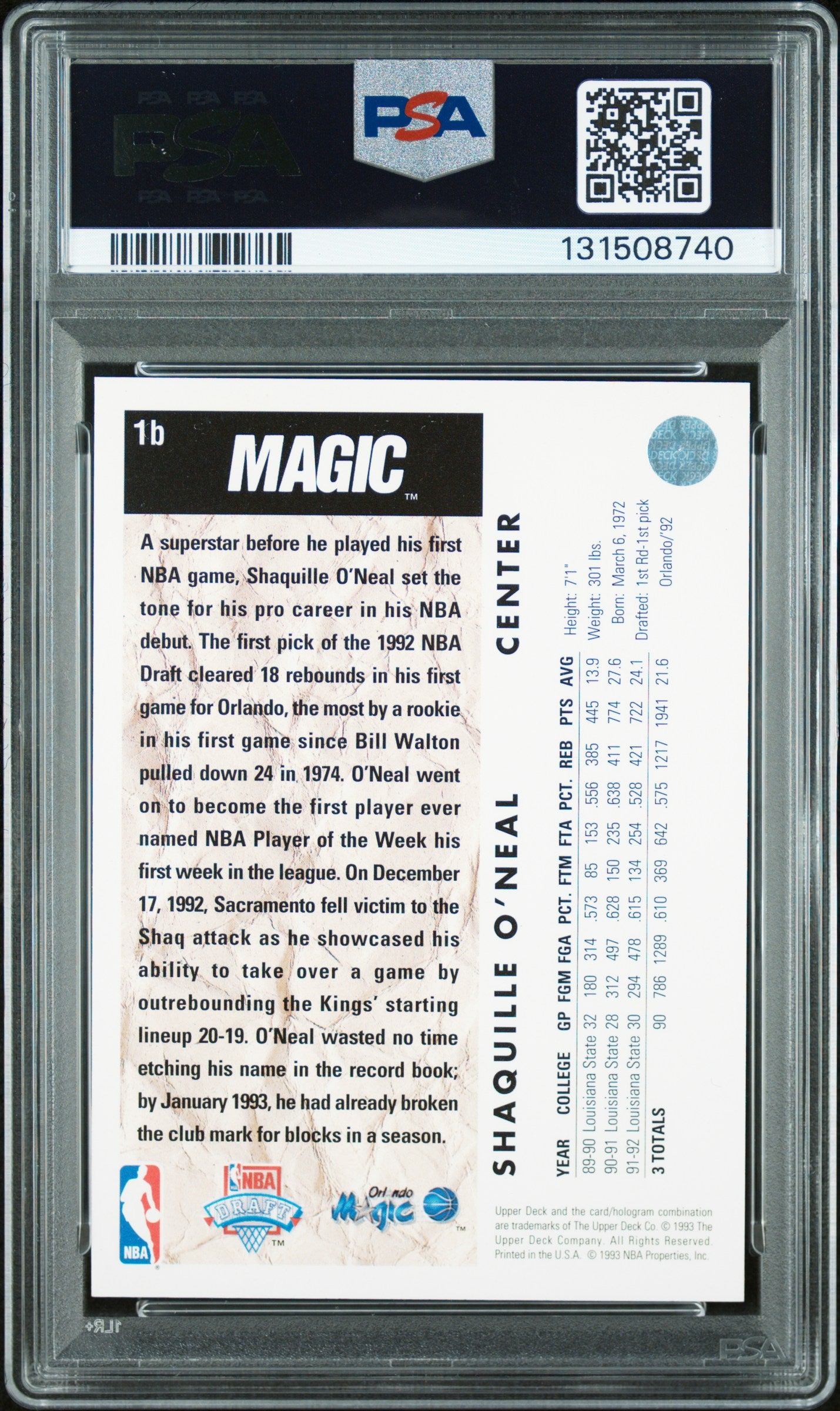 Graded 1992-93 Upper Deck Shaquille O'Neal #1b Rookie RC Basketball Card PSA 10 Auto Grade Gem Mint