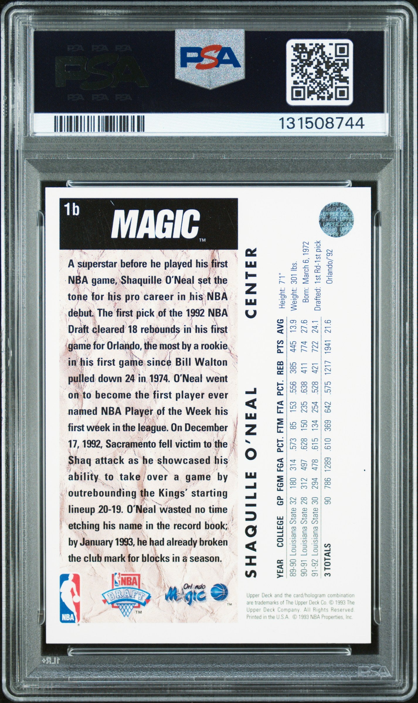 Graded 1992-93 Upper Deck Shaquille O'Neal #1b Rookie RC Basketball Card PSA 8 Auto Grade Near Mint
