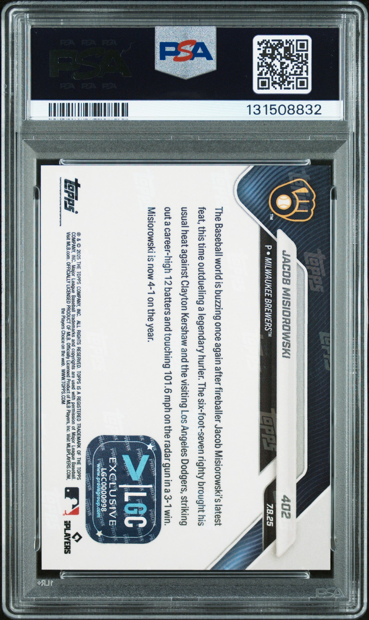 Graded 2025 Topps Now Jacob Misiorowski #402 Red Foil /5 Rookie RC Baseball Card PSA 9 Auto Grade Mint