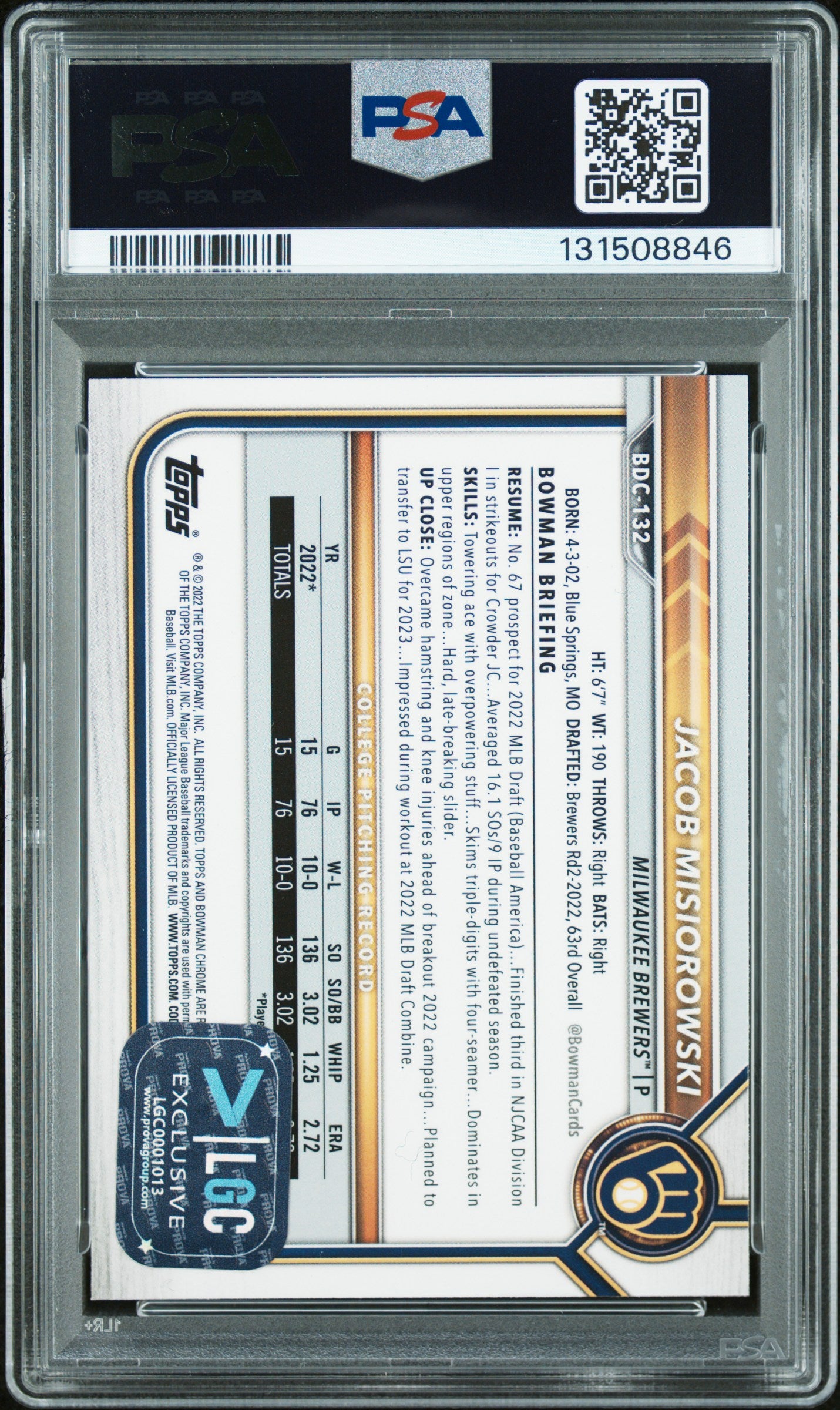 Graded 2022 Topps Bowman Draft Jacob Misiorowski #BDC-132 Chrome Rookie RC Baseball Card PSA 8 Auto Grade Near Mint