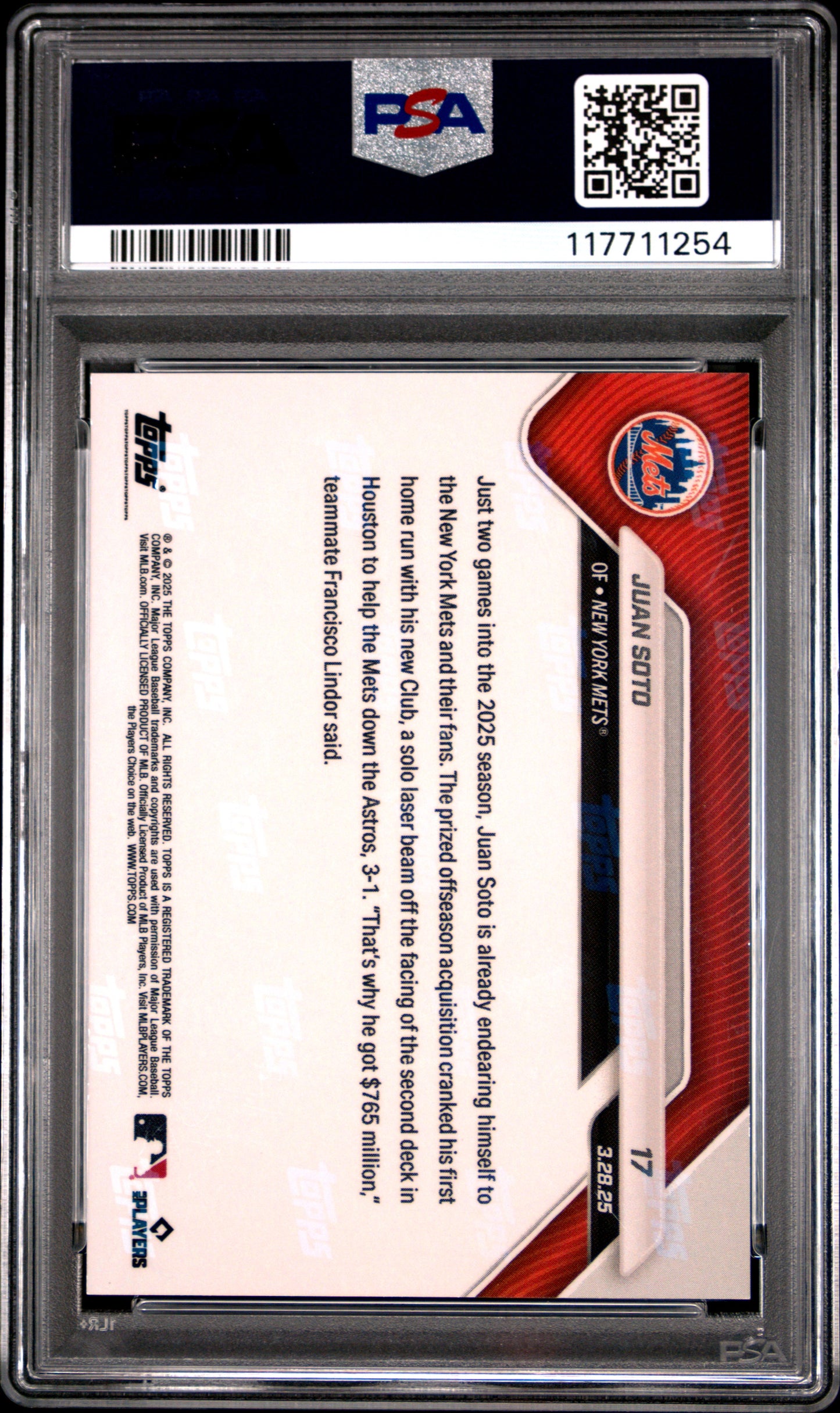 Graded 2025 Topps Now Juan Soto #17 Gold Foil /50 Baseball Card PSA 9 Mint