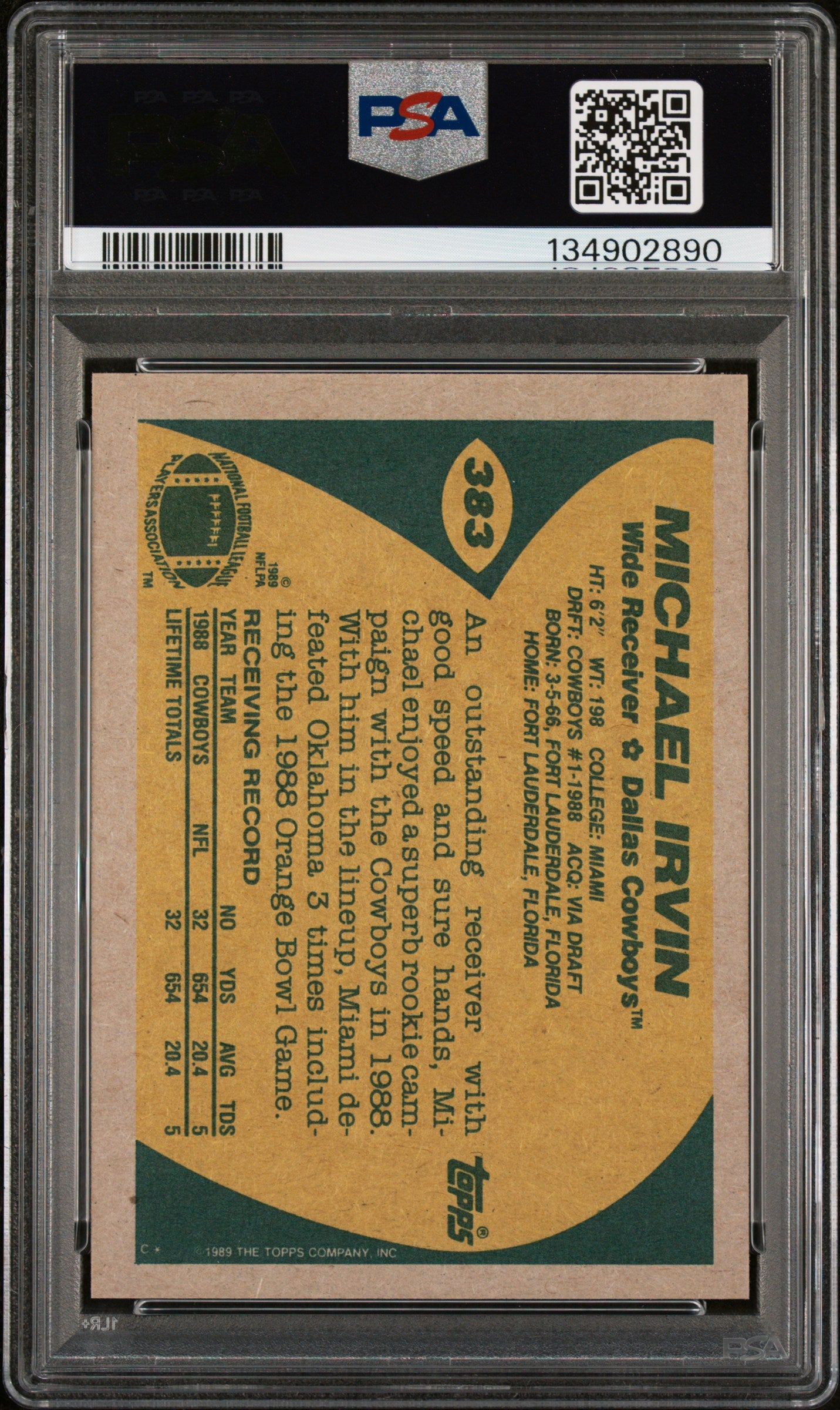 Graded 1989 Topps Michael Irvin #383 Rookie RC Football Card PSA 9 Mint