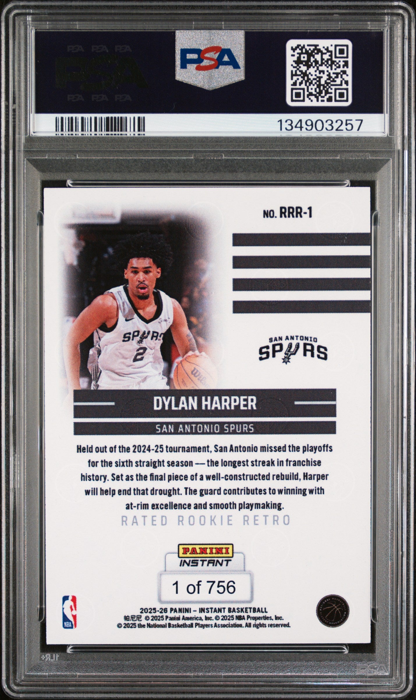 Graded 2025 Panini Instant Dylan Harper #RRR1 Rated Rookie Retro Rookie RC Basketball Card PSA 10 Gem Mint