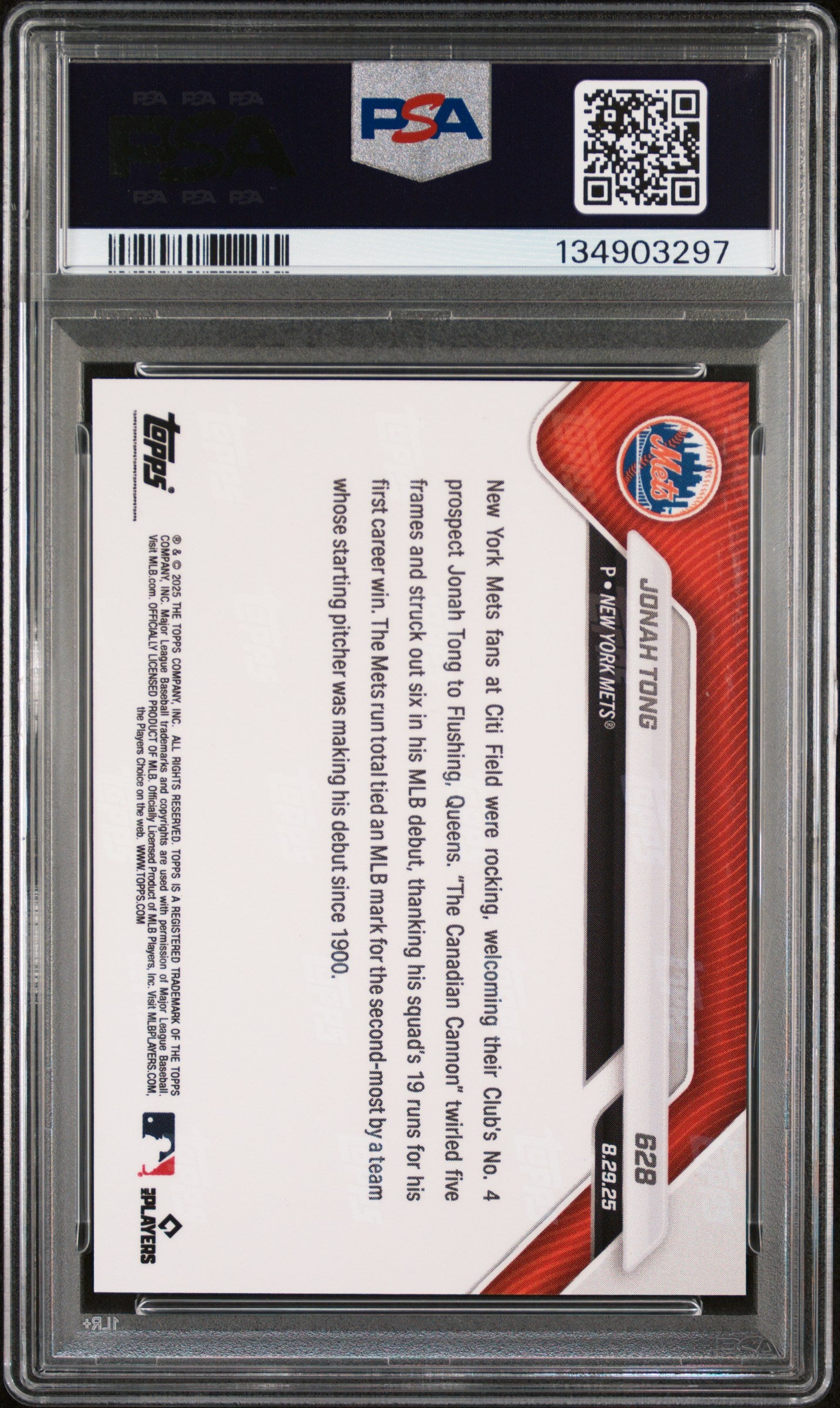 Graded 2025 Topps Now Jonah Tong #628 Rookie RC Baseball Card PSA 9 Mint