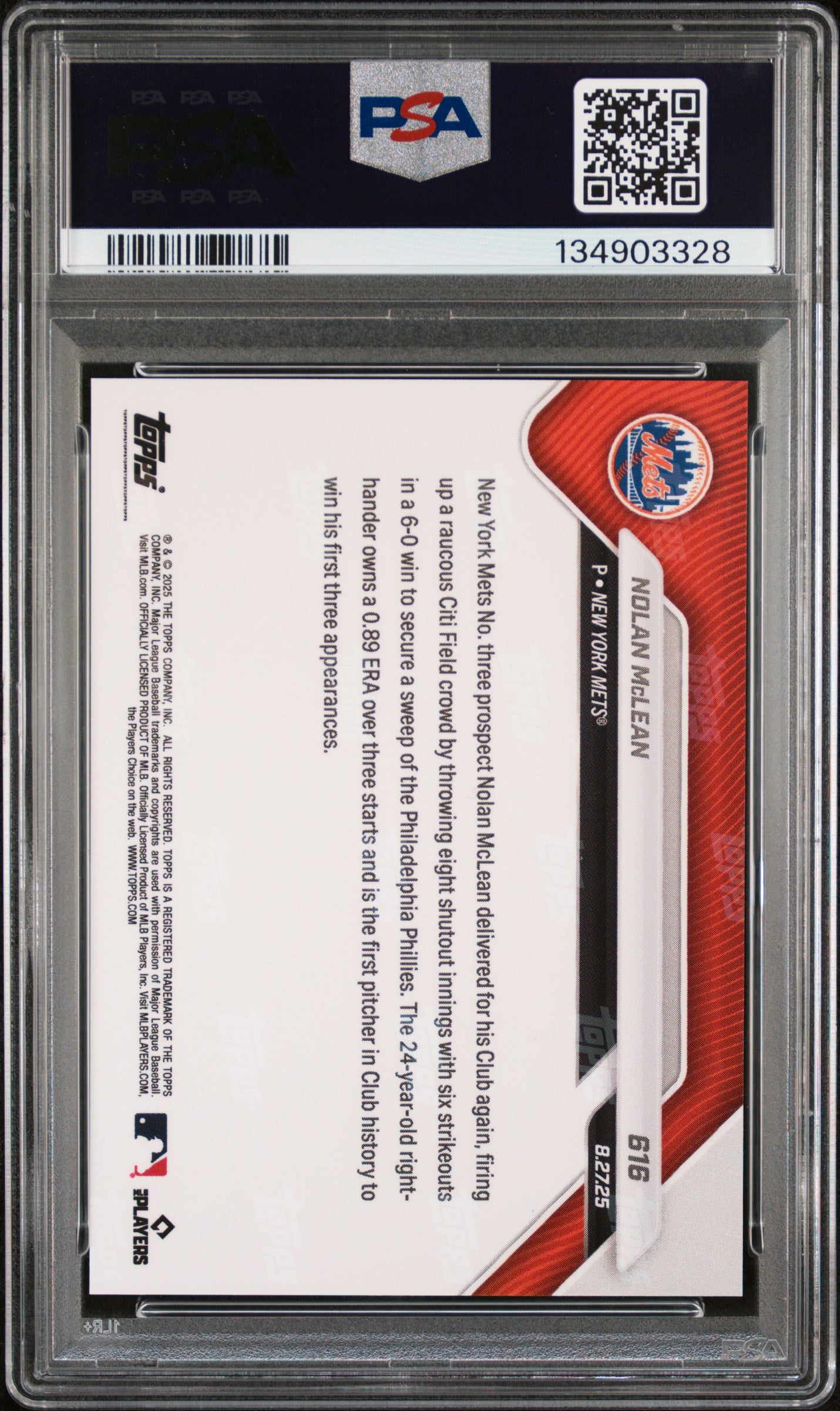 Graded 2025 Topps Now Nolan McLean #616 Rookie RC Baseball Card PSA 10 Gem Mint