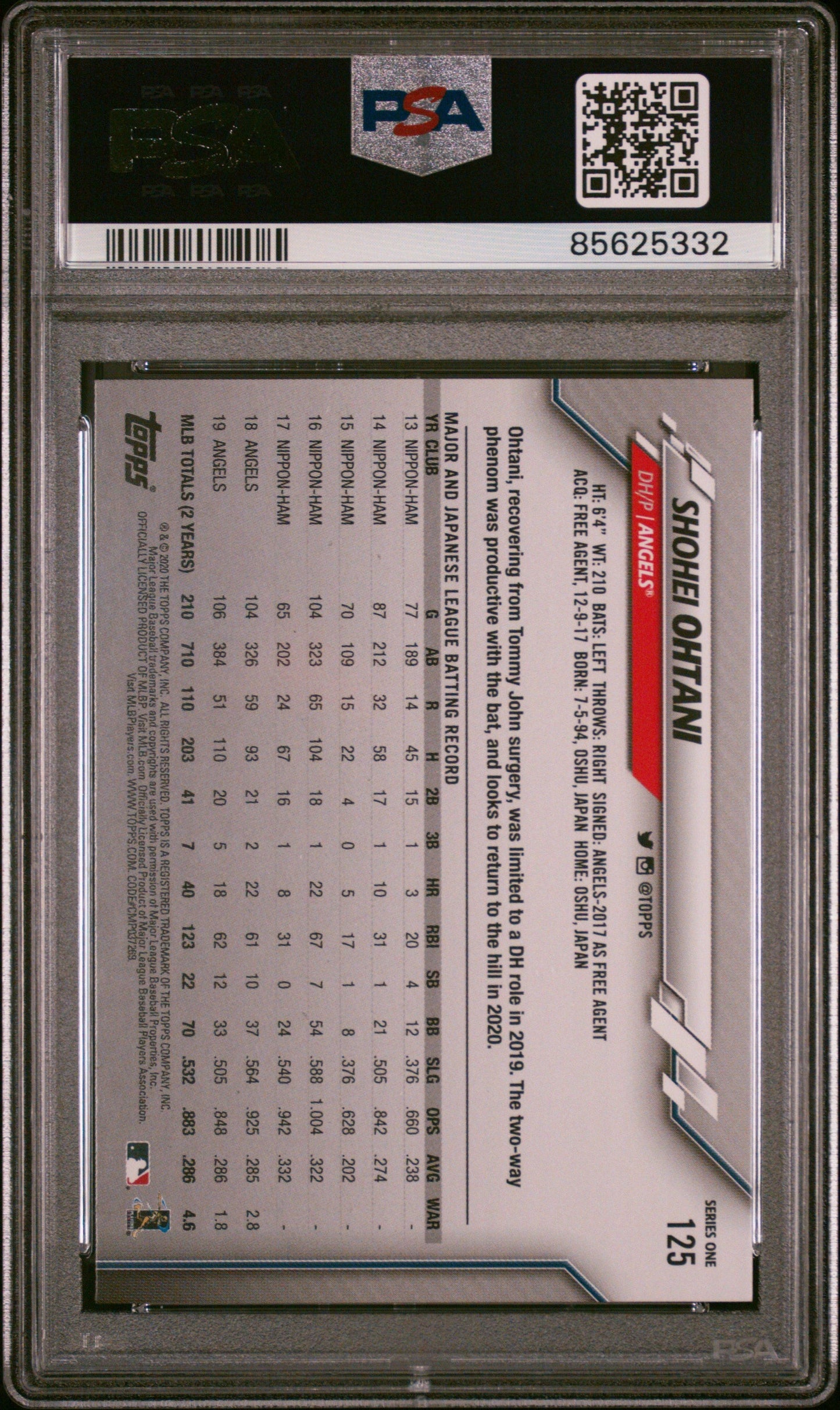 Graded 2020 Topps Complete Set Shohei Ohtani #125 Gold Stars Baseball Card PSA 9 Mint