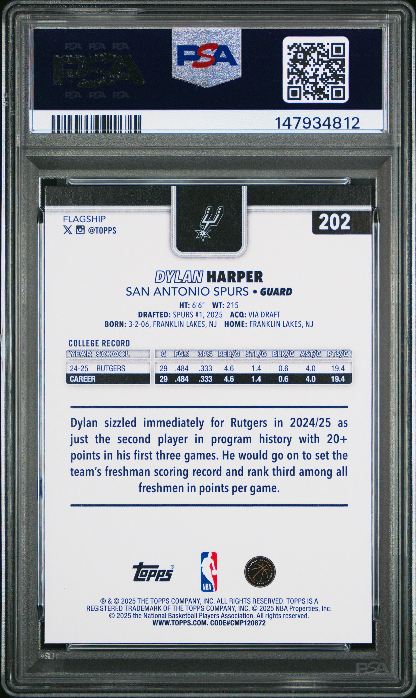 Graded 2025 Topps Dylan Harper #202 Rookie RC Basketball Card PSA 9 Mint