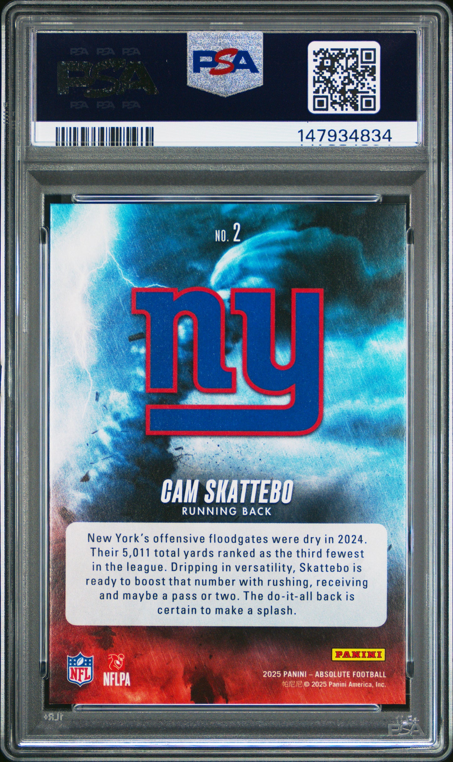 Graded 2025 Panini Absolute Cam Skattebo #2 By Storm Rookie RC Football Card PSA 8 Near Mint