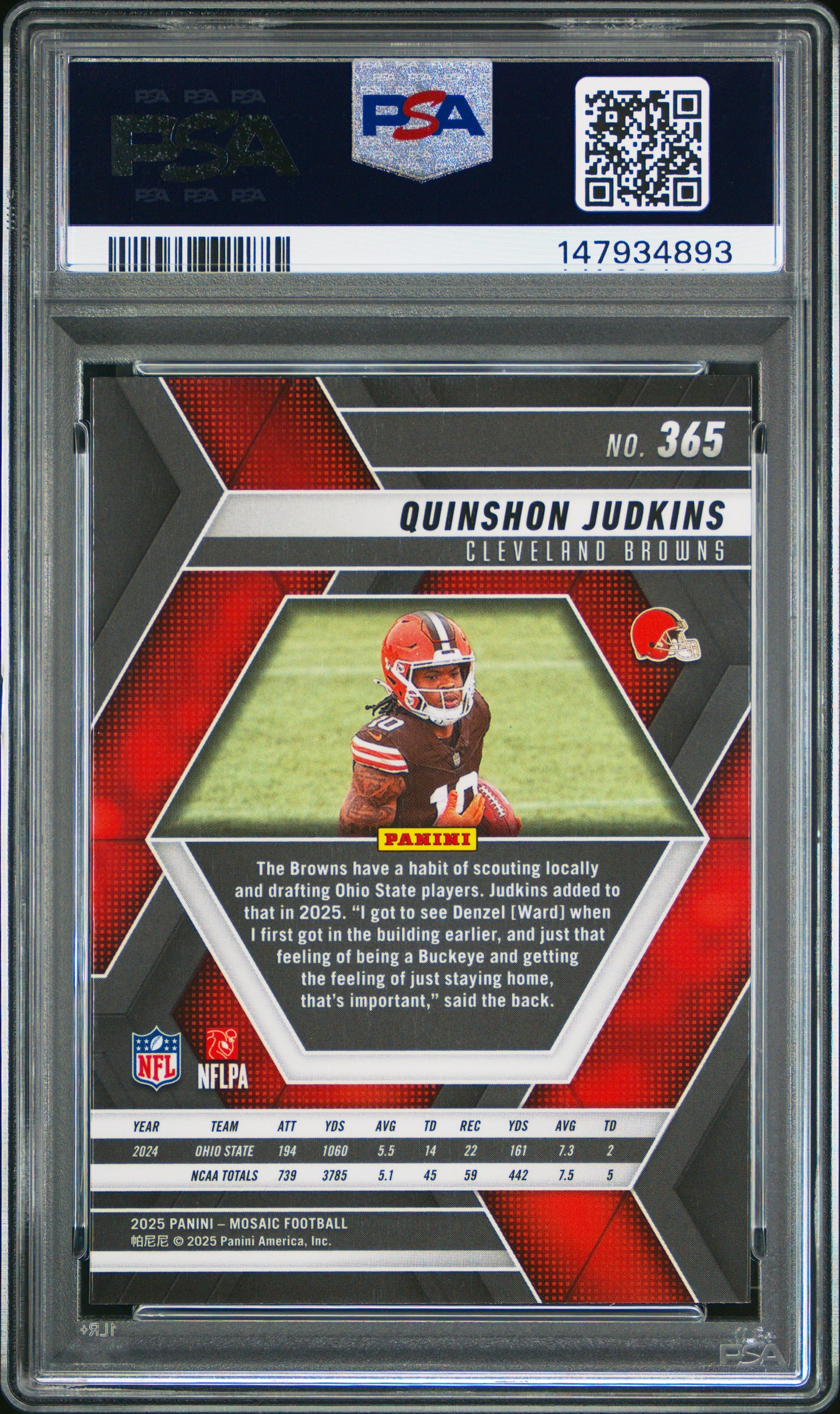 Graded 2025 Panini Mosaic Quinshon Judkins #365 Rookie RC Football Card PSA 9 Mint