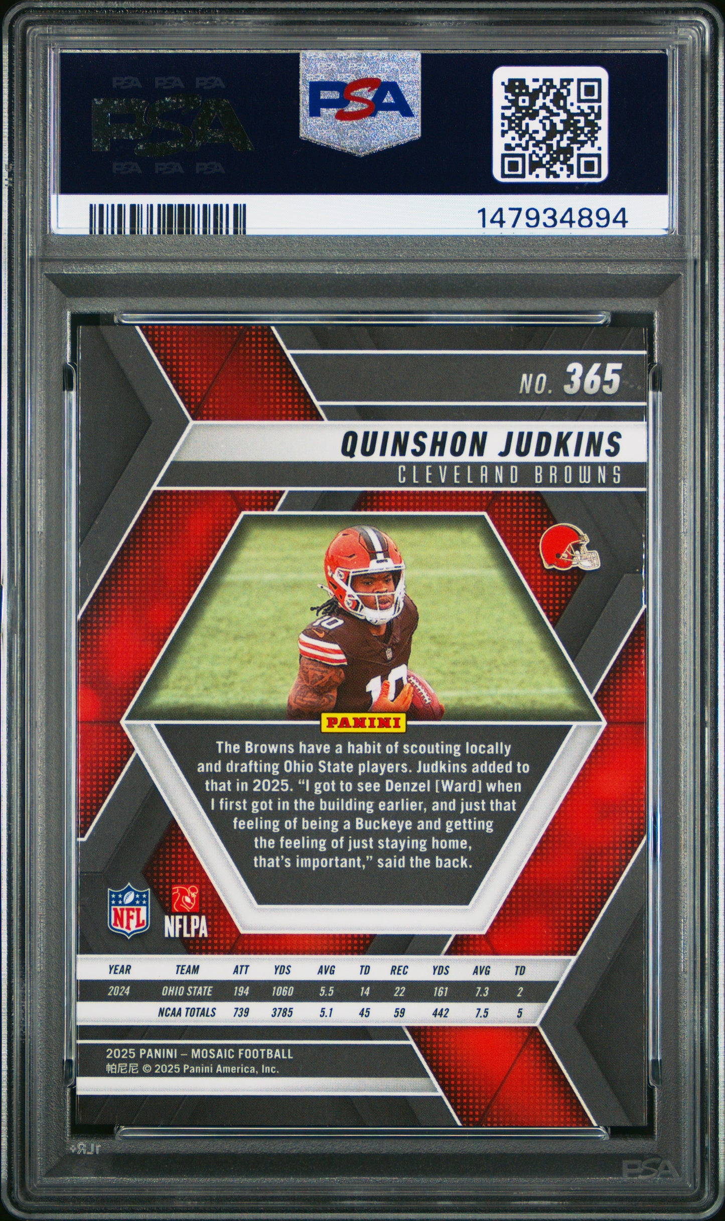 Graded 2025 Panini Mosaic Quinshon Judkins #365 Rookie RC Football Card PSA 10 Gem Mint