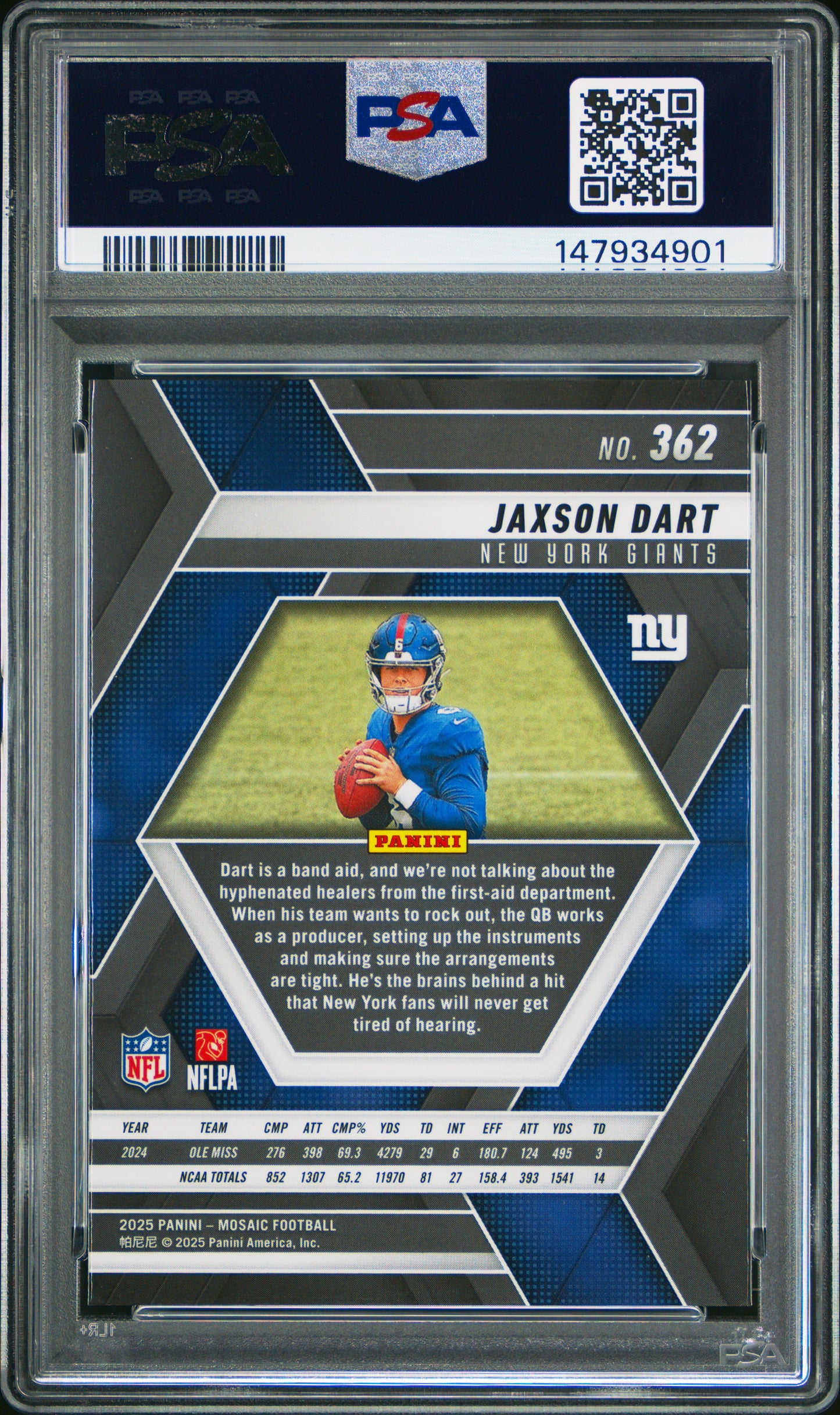 Graded 2025 Panini Mosaic Jaxson Dart #362 Rookie RC Football Card PSA 9 Mint