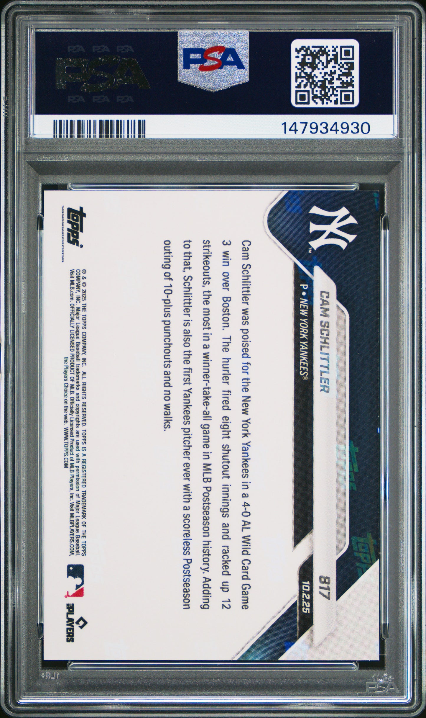 Graded 2025 Topps Now Cam Schlittler #817 Rookie RC Baseball Card PSA 9 Mint