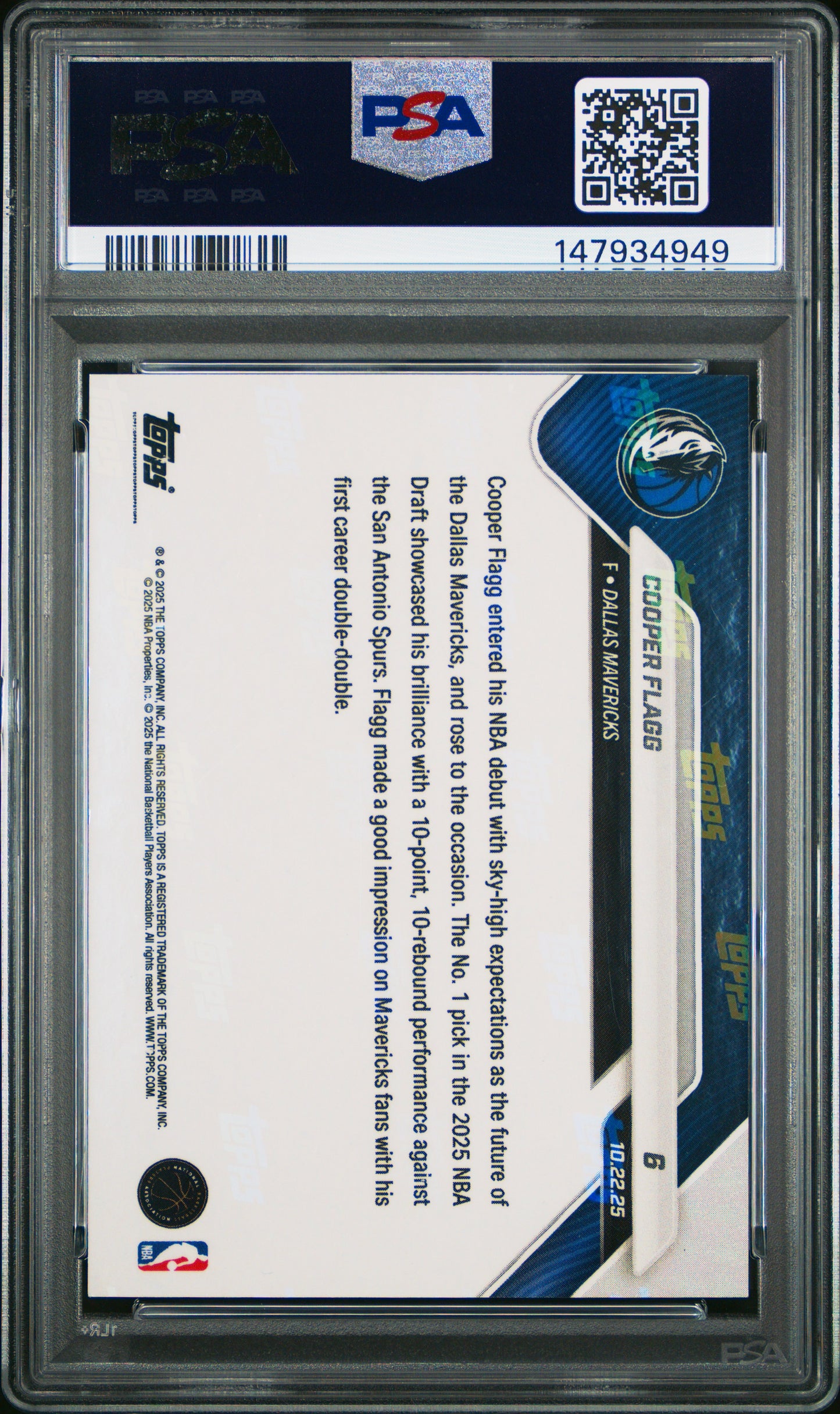 Graded 2025 Topps Now Cooper Flagg #6 Green Foil /99 Rookie RC Basketball Card PSA 9 Mint