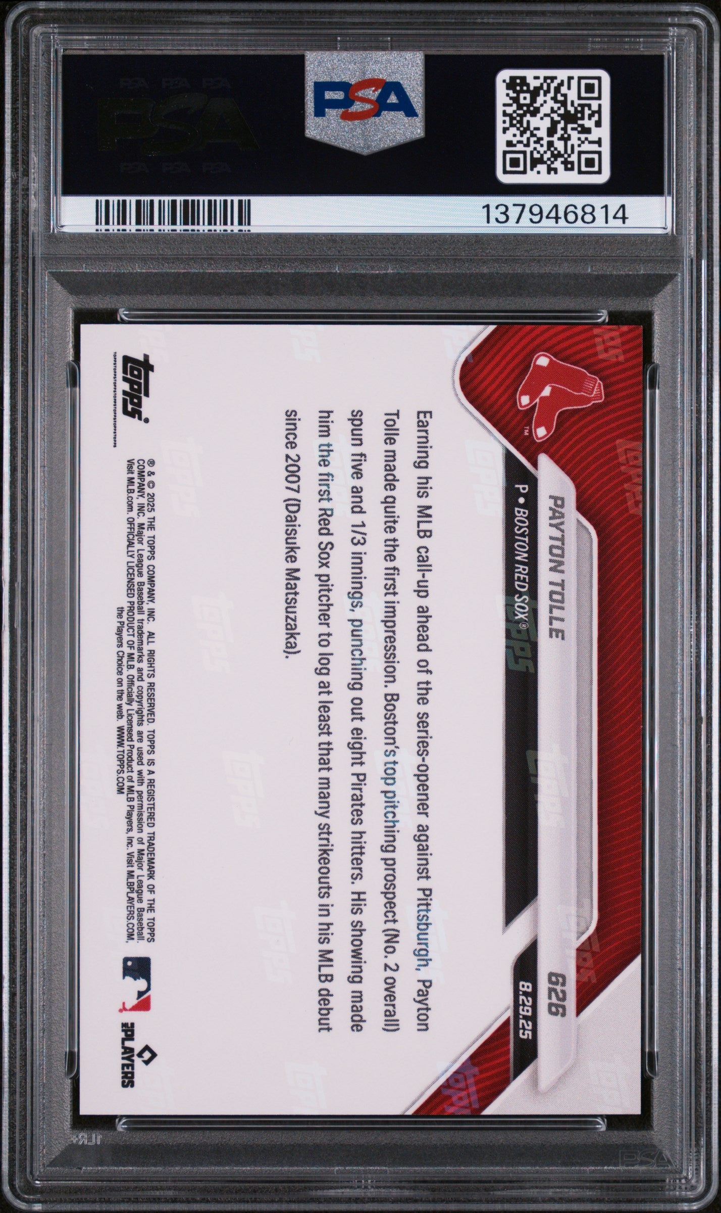 Graded 2025 Topps Now Payton Tolle #626 Rookie RC Baseball Card PSA 9 Mint
