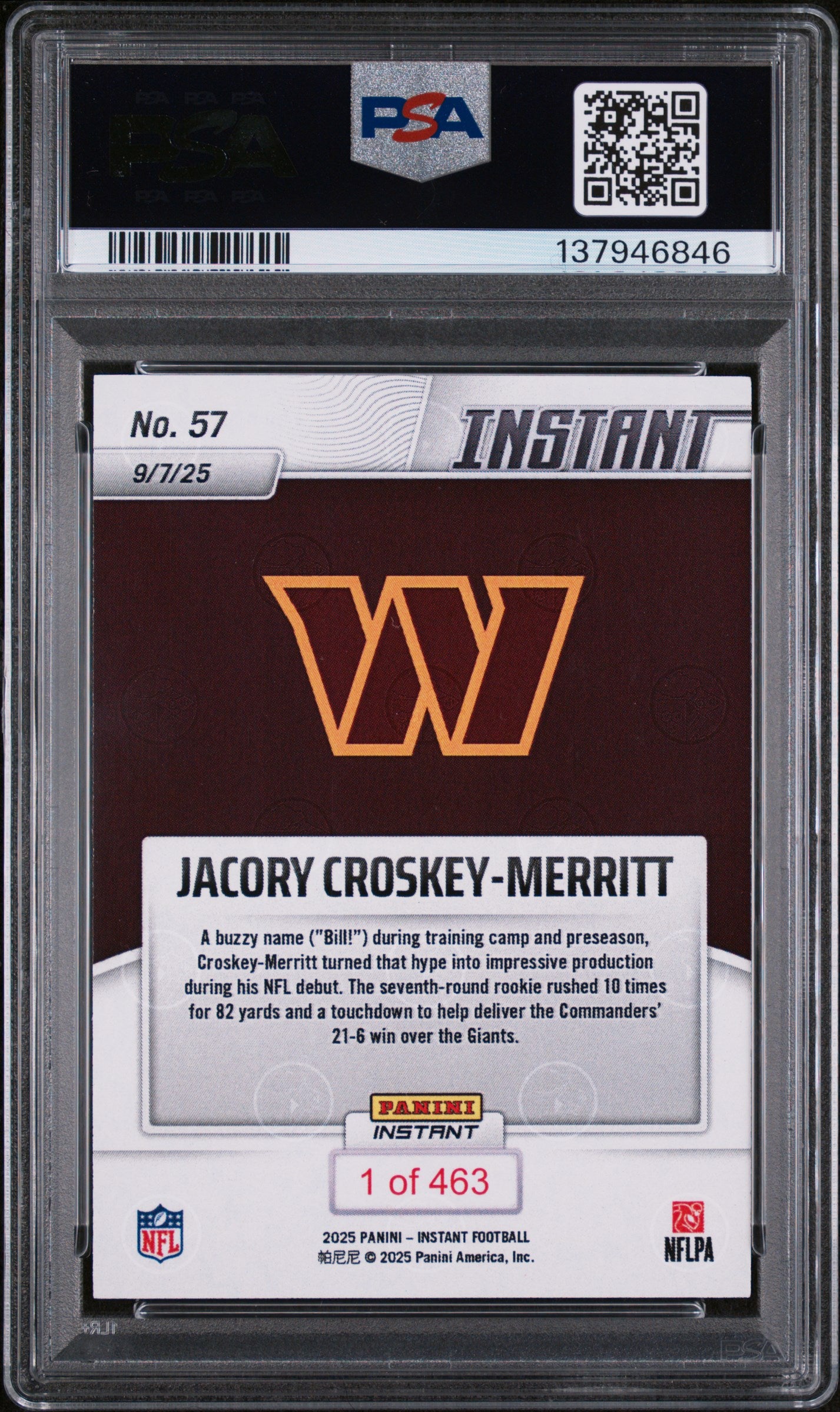 Graded 2025 Panini Instant Jacory Croskey-Merritt #57 Rookie RC Football Card PSA 9 Mint