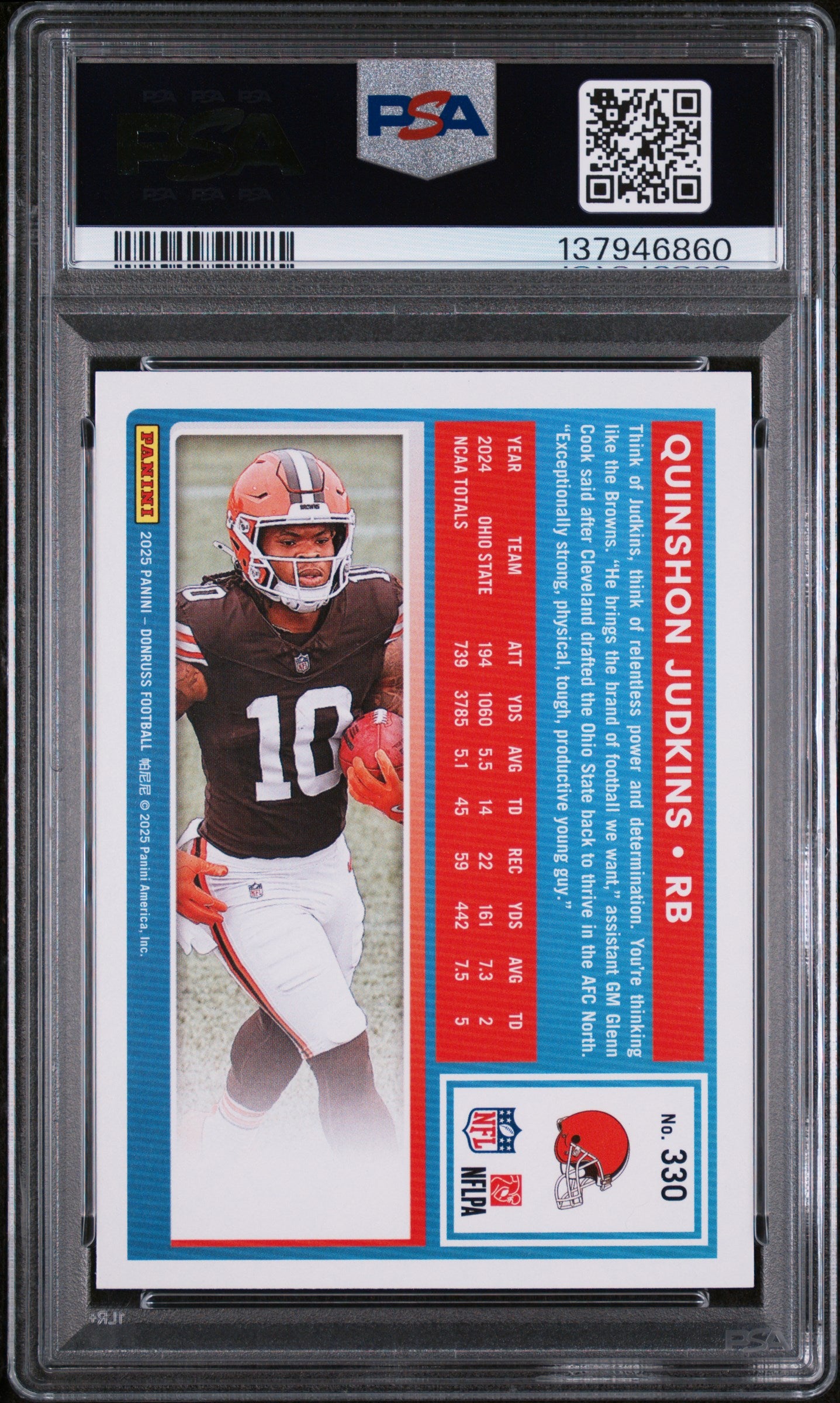 Graded 2025 Panini Donruss Quinshon Judkins #330 Rookie RC Football Card PSA 9 Mint