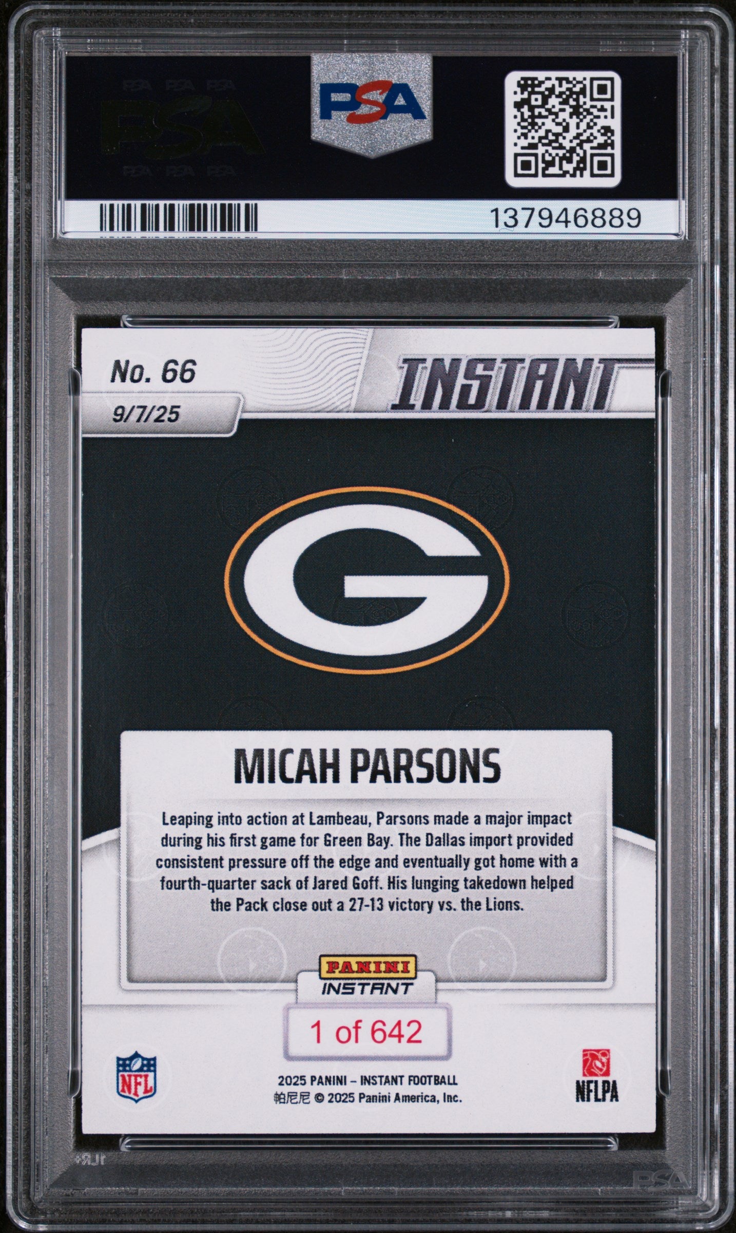 Graded 2025 Panini Instant Micah Parsons #66 Football Card PSA 9 Mint