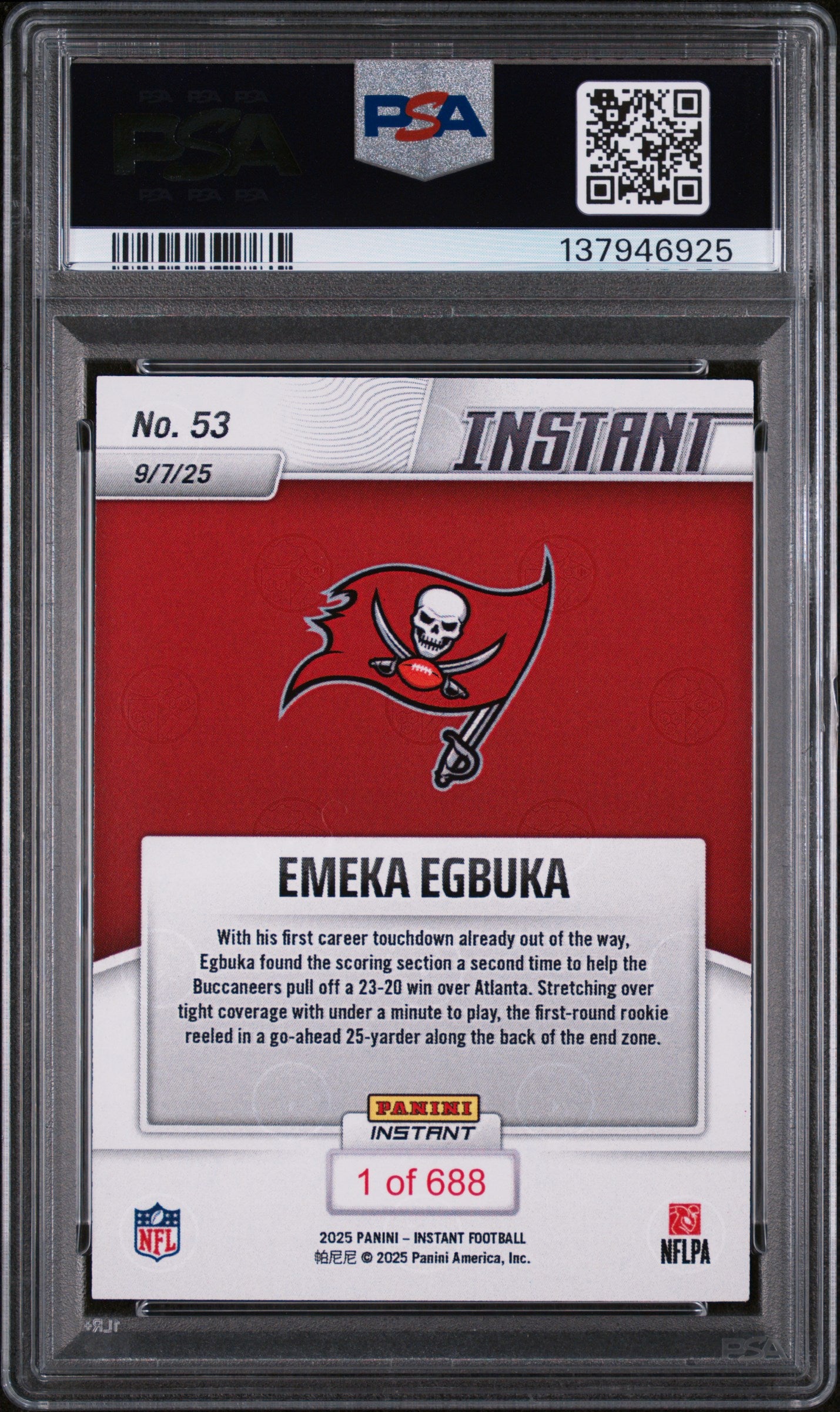 Graded 2025 Panini Instant NFL Emeka Egbuka #53 Rookie RC Football Card PSA 9 Mint
