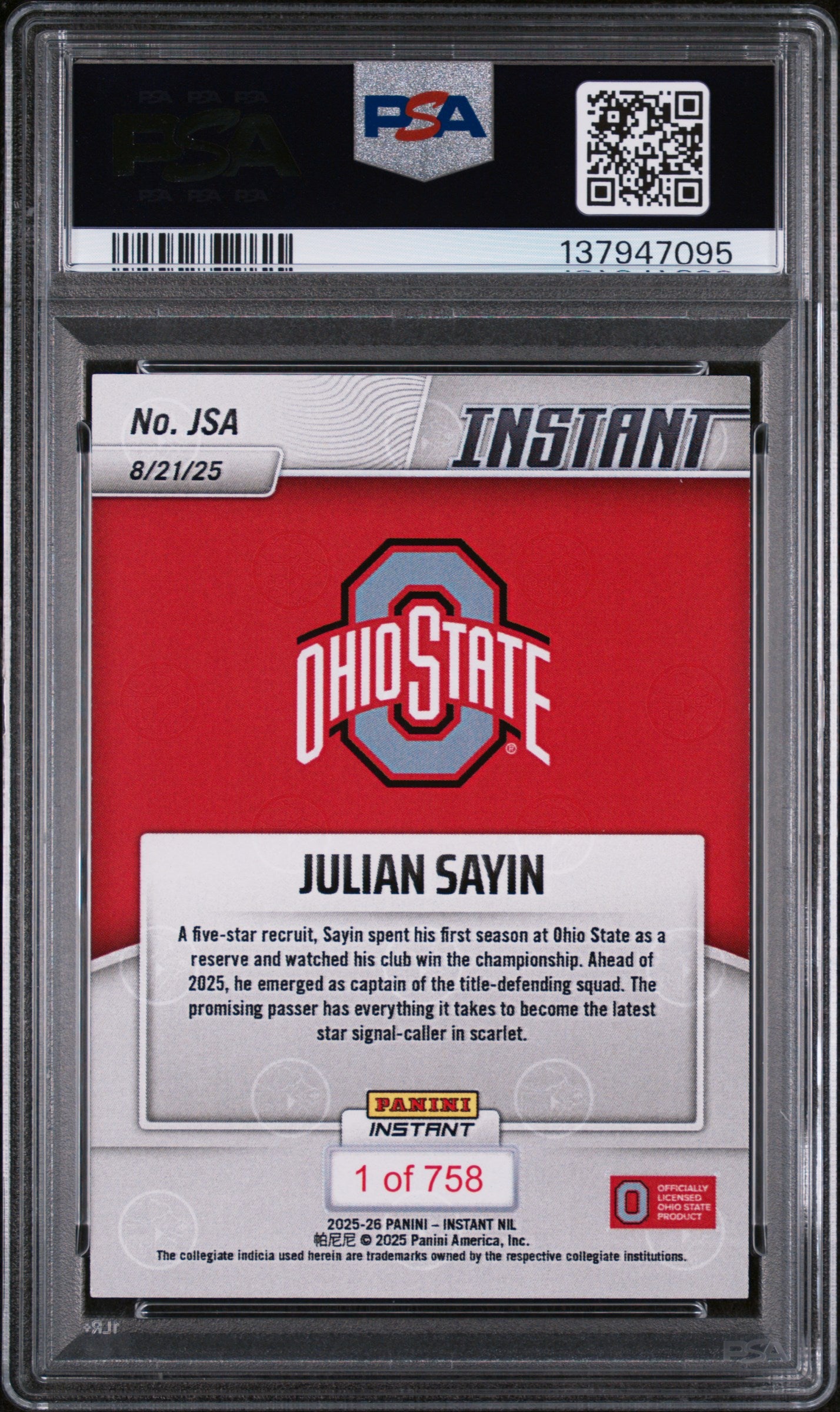 Graded 2025 Panini Instant NIL Julian Sayin #JSA Rookie RC Football Card PSA 8 Near Mint