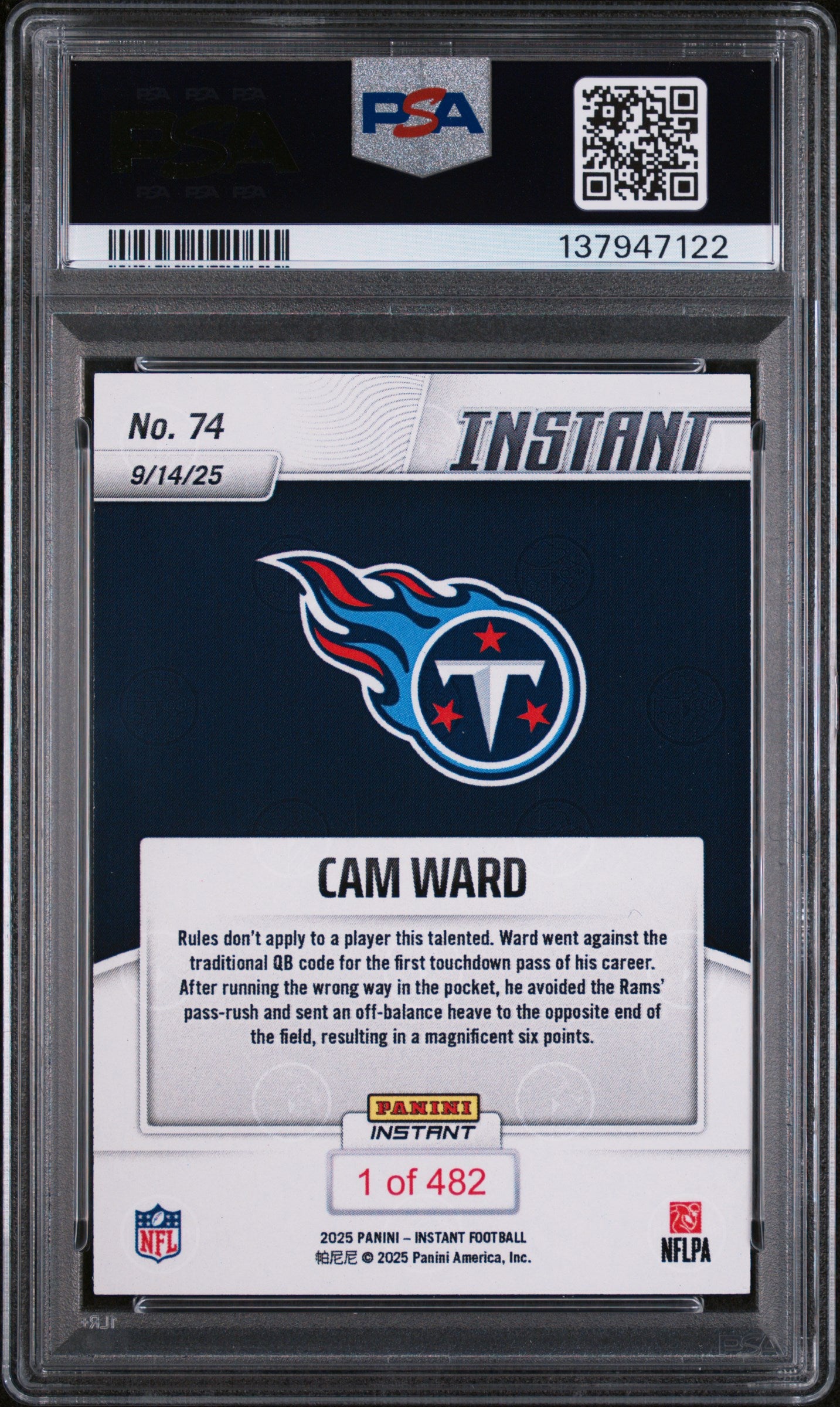 Graded 2025 Panini Instant NFL Cam Ward #74 Rookie RC Football Card PSA 8 Near Mint
