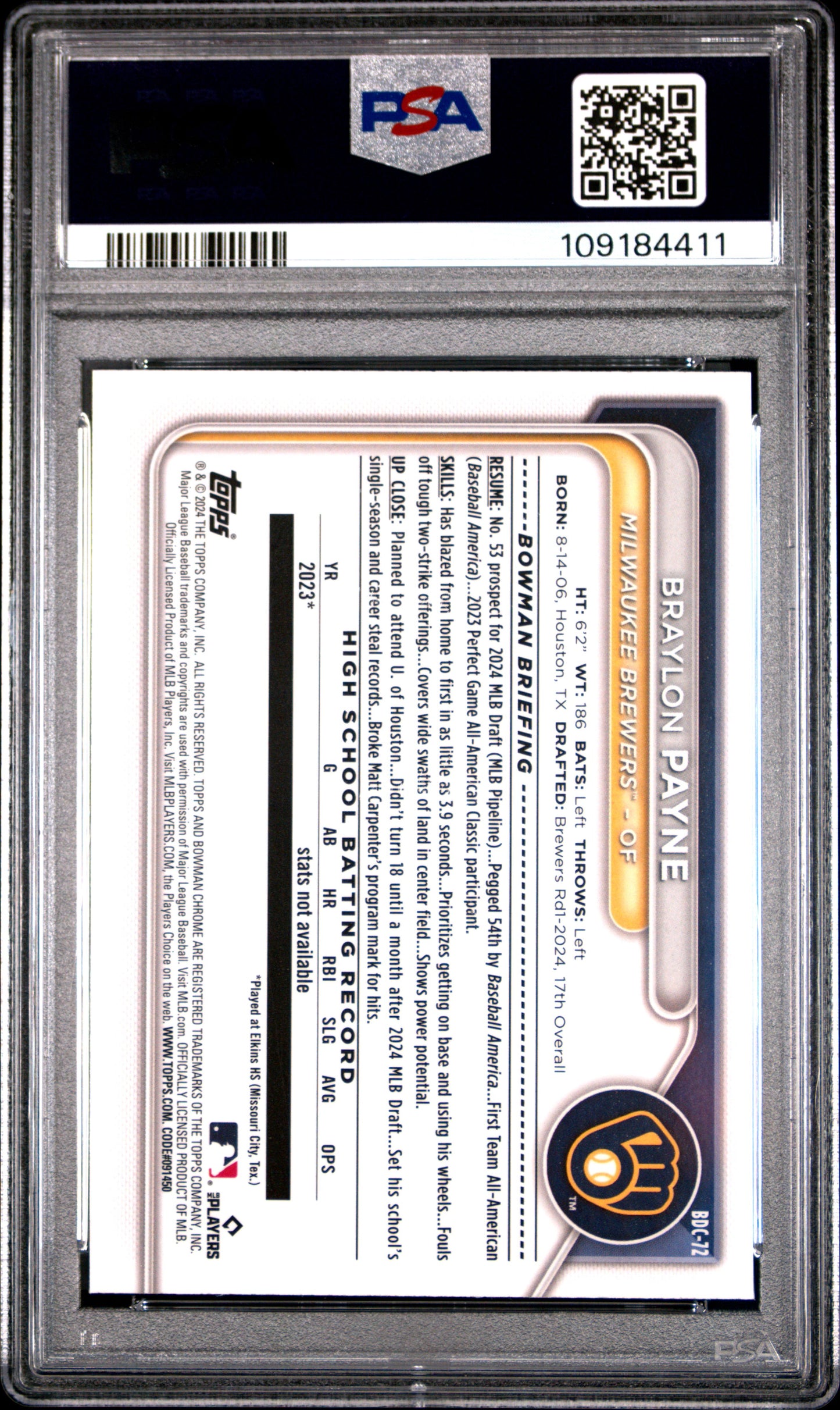 Graded 2024 Topps Bowman Sapphire Edition Braylon Payne #BDC72 Rookie RC Baseball Card PSA 10 Gem Mint