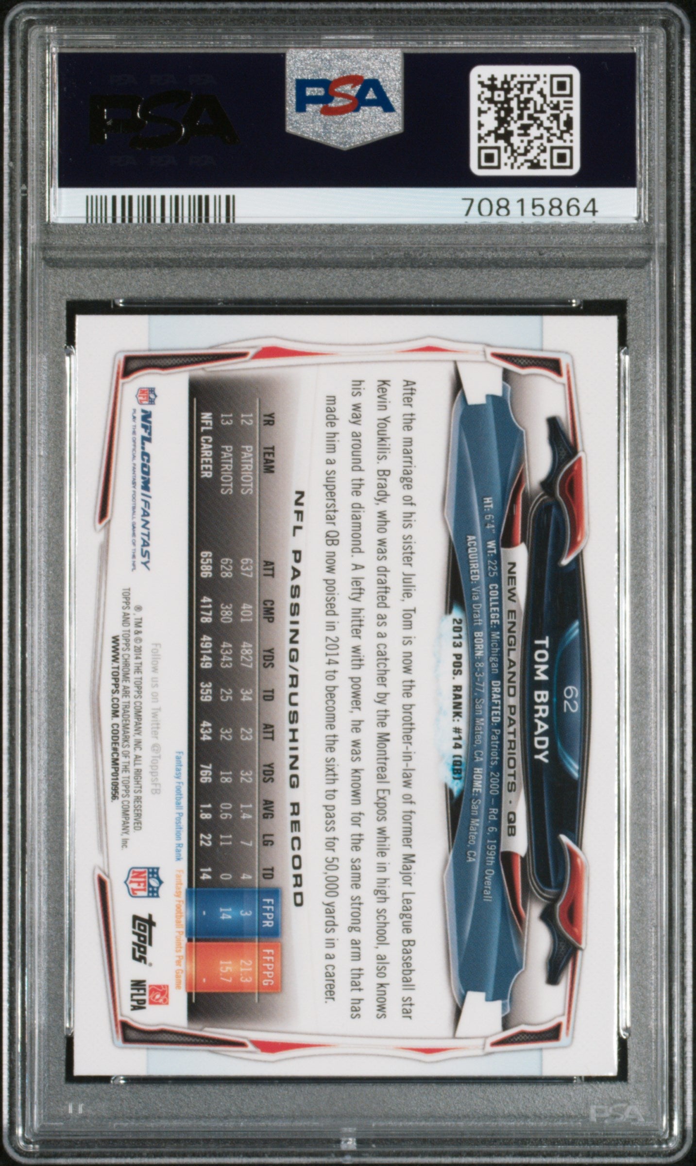 Graded 2014 Topps Chrome Tom Brady #62 Blue Jersey Football Card PSA 9 Mint
