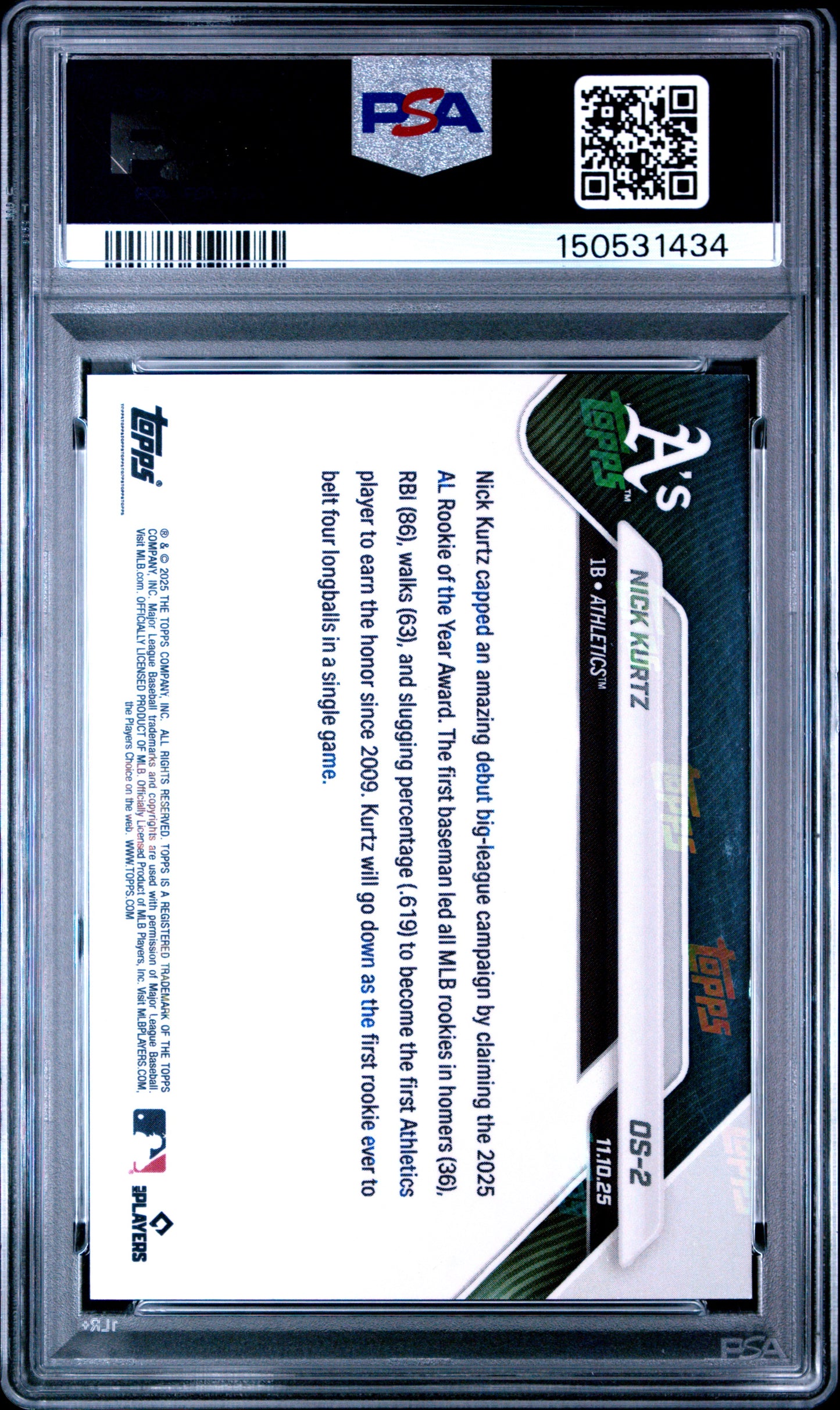 Graded 2025 Topps Now Nick Kurtz #OS2 Offseason Gold Foil /50 Rookie RC Baseball Card PSA 10 Gem Mint