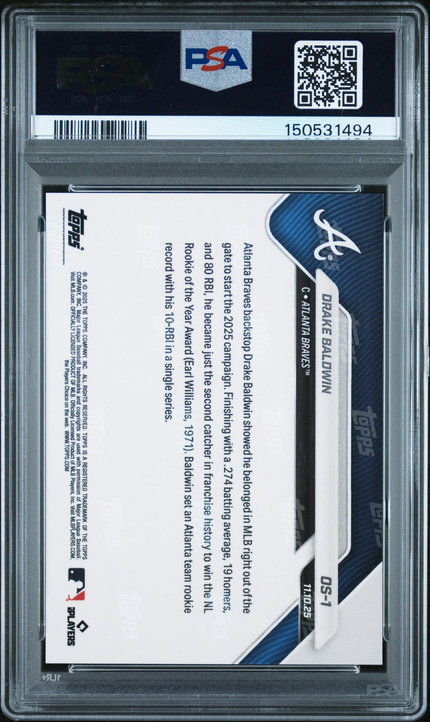 Graded 2025 Topps Now Drake Baldwin #OS1 Offseason Gold Foil /50 Rookie RC Baseball Card PSA 10 Gem Mint