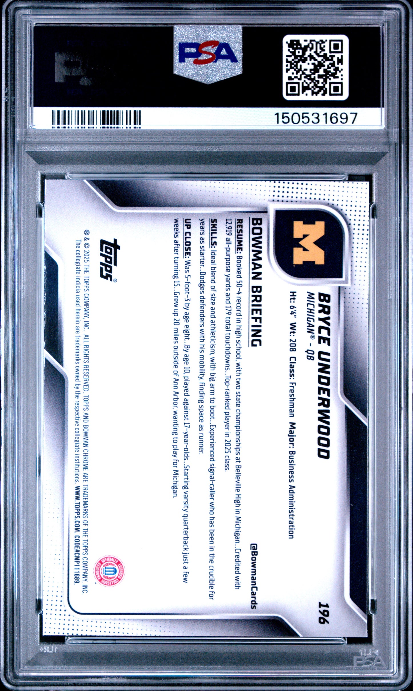 Graded 2025 Topps Bowman University Chrome Bryce Underwood #196 Rookie RC Football Card PSA 8 Near Mint