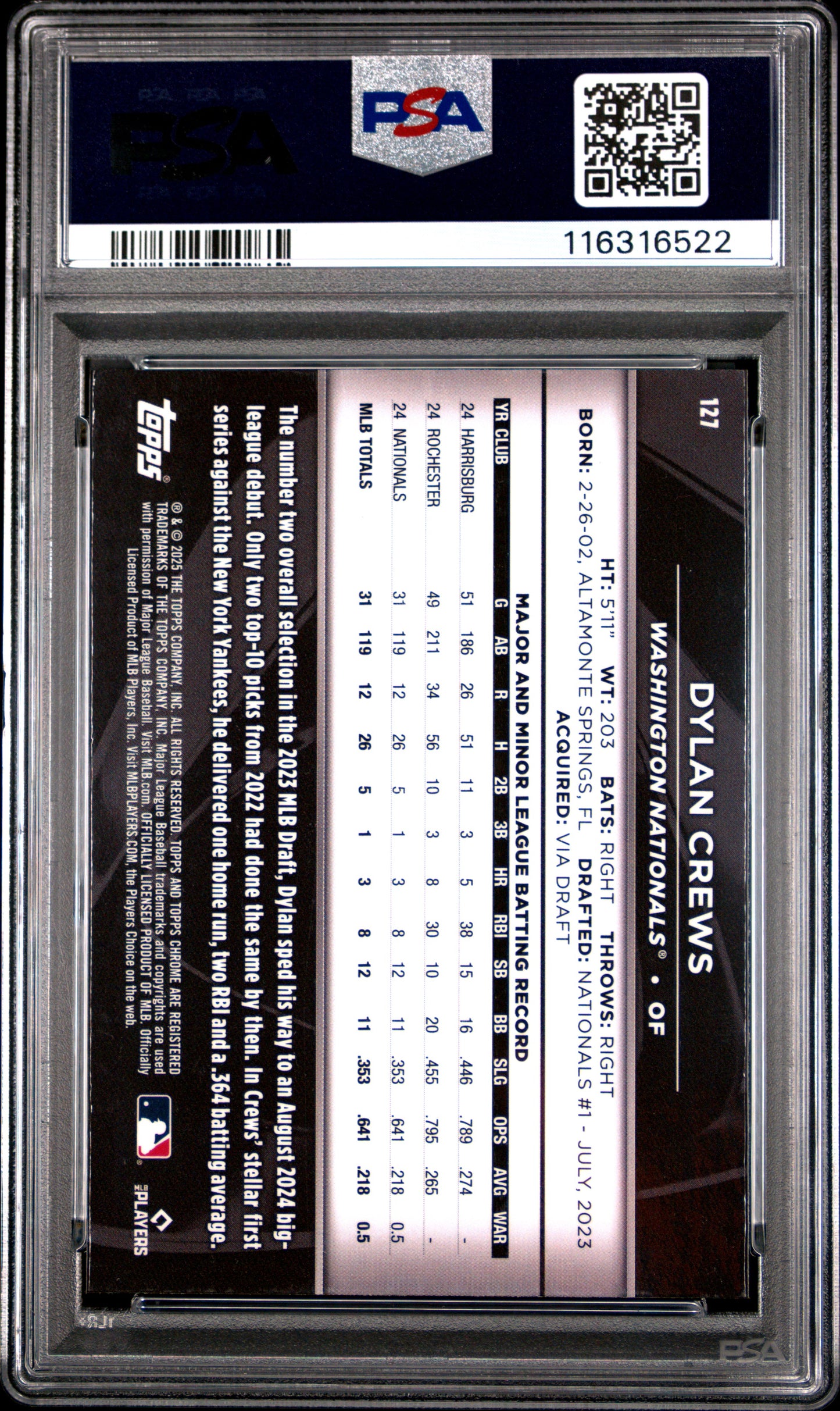 Graded 2025 Topps Chrome Black Dylan Crews #127 Rookie RC Baseball Card PSA 10 Gem Mint