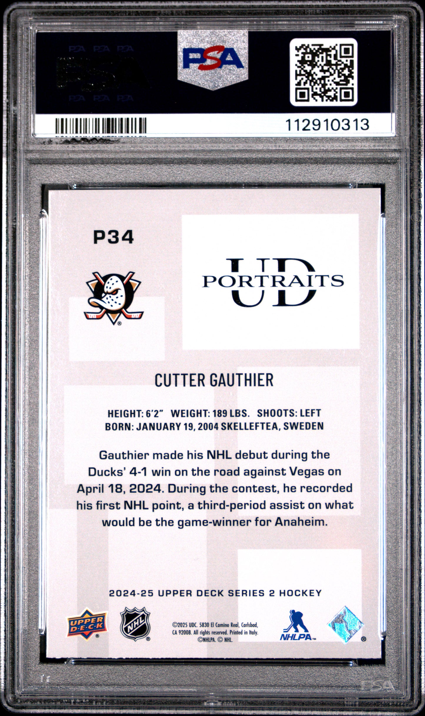 Graded 2024 Upper Deck Cutter Gauthier #P34 UD Portraits Rookie RC Hockey Card PSA 10 Gem Mint