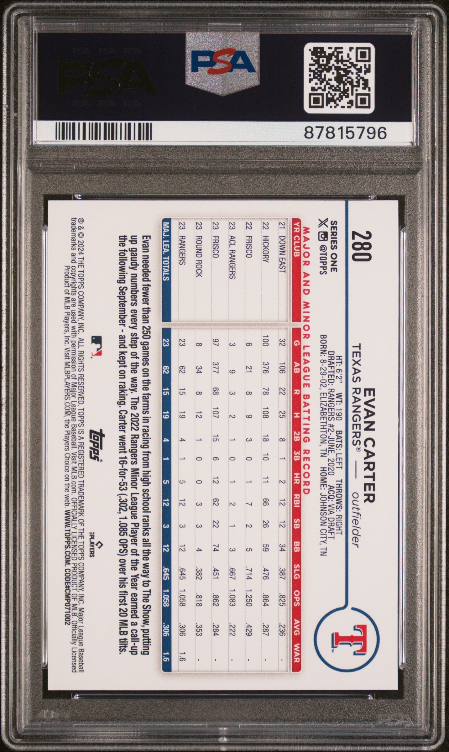 Graded 2024 Topps Evan Carter #280 Rookie RC Baseball Card PSA 10 Gem Mint