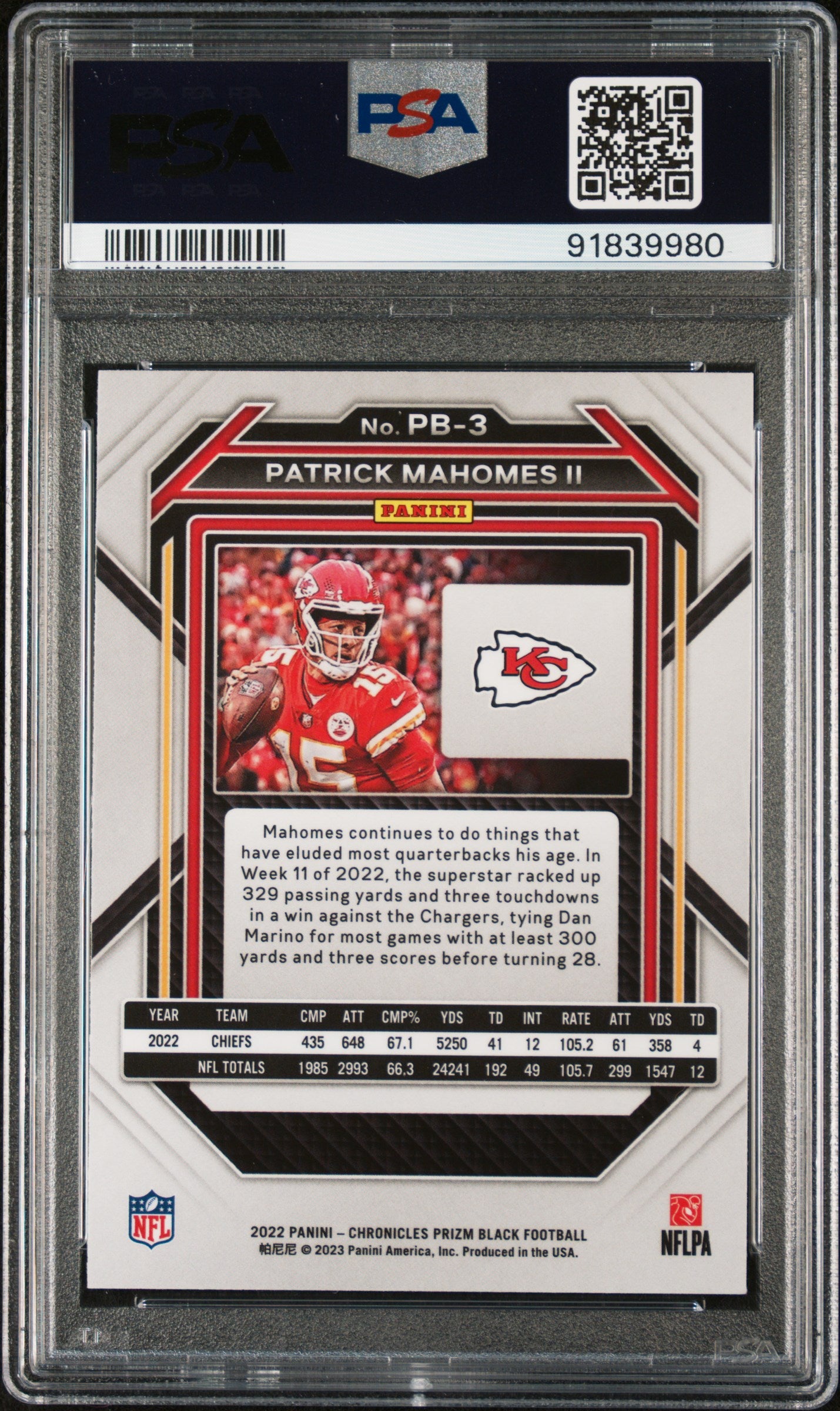 Graded 2022 Panini Chronicles Patrick Mahomes II #PB3 Prizm Black Football Card PSA 10 Gem Mint