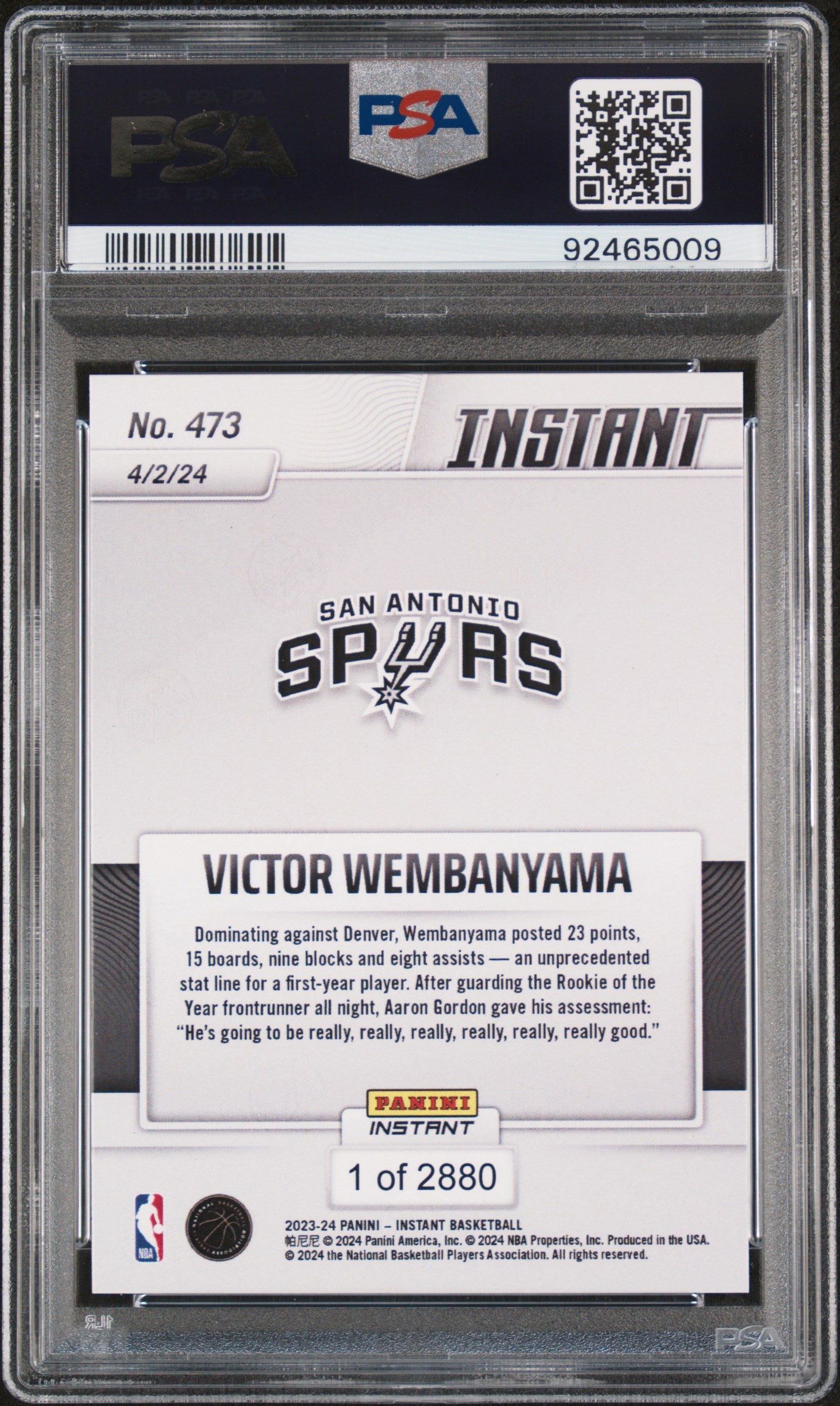 Graded 2023 Panini Instant Victor Wembanyama #473 Rookie RC Basketball Card PSA 10 Gem Mint