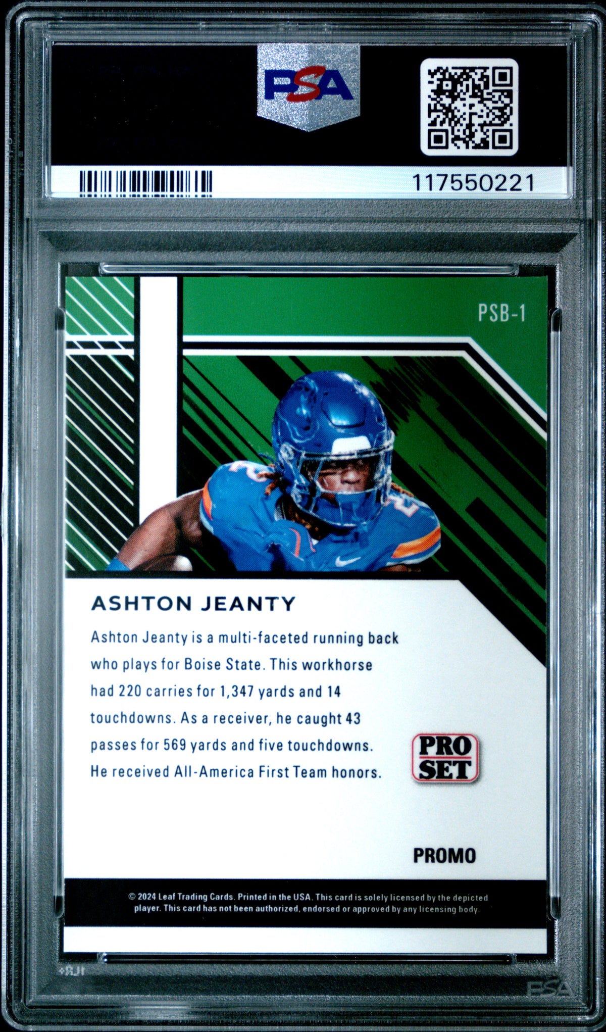 Graded 2024 Leaf Collective Promo Ashton Jeanty #PSB1 Pro Set Light Blue Shimmer Rookie RC Football Card PSA 10 Gem Mint