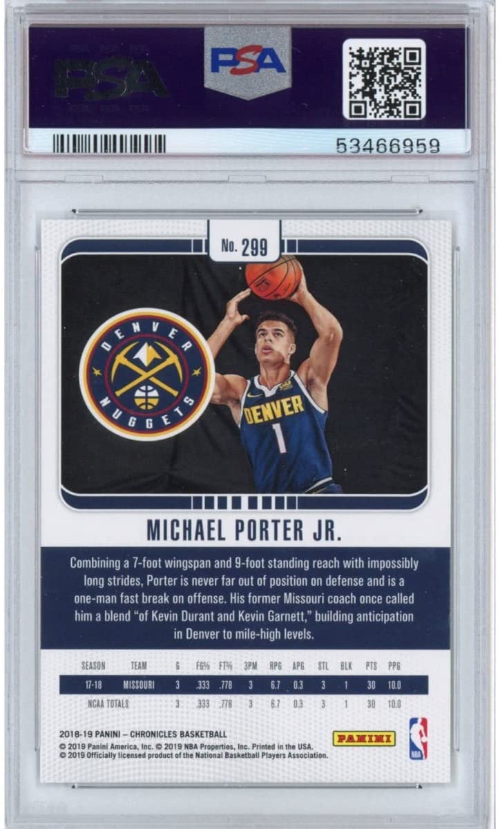 Graded 2018-19 Panini Chronicles Michael Porter Jr. #299 Rookie RC Basketball Card PSA 10 Gem Mint