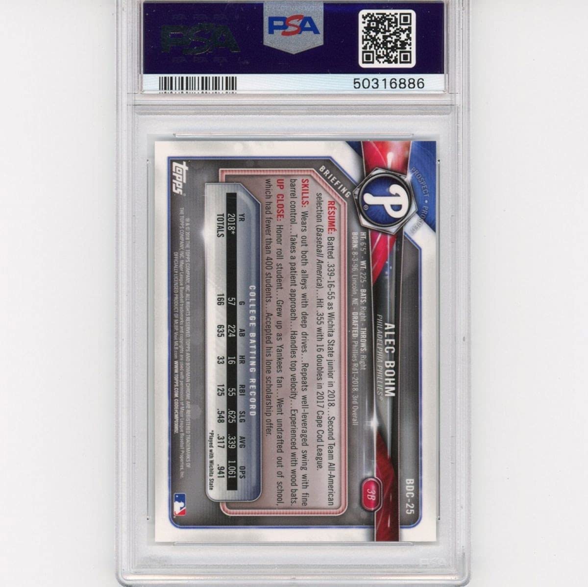 Graded 2018 Bowman Draft Chrome Alec Bohm #BDC25 Rookie RC Baseball Card PSA 10 Gem Mint