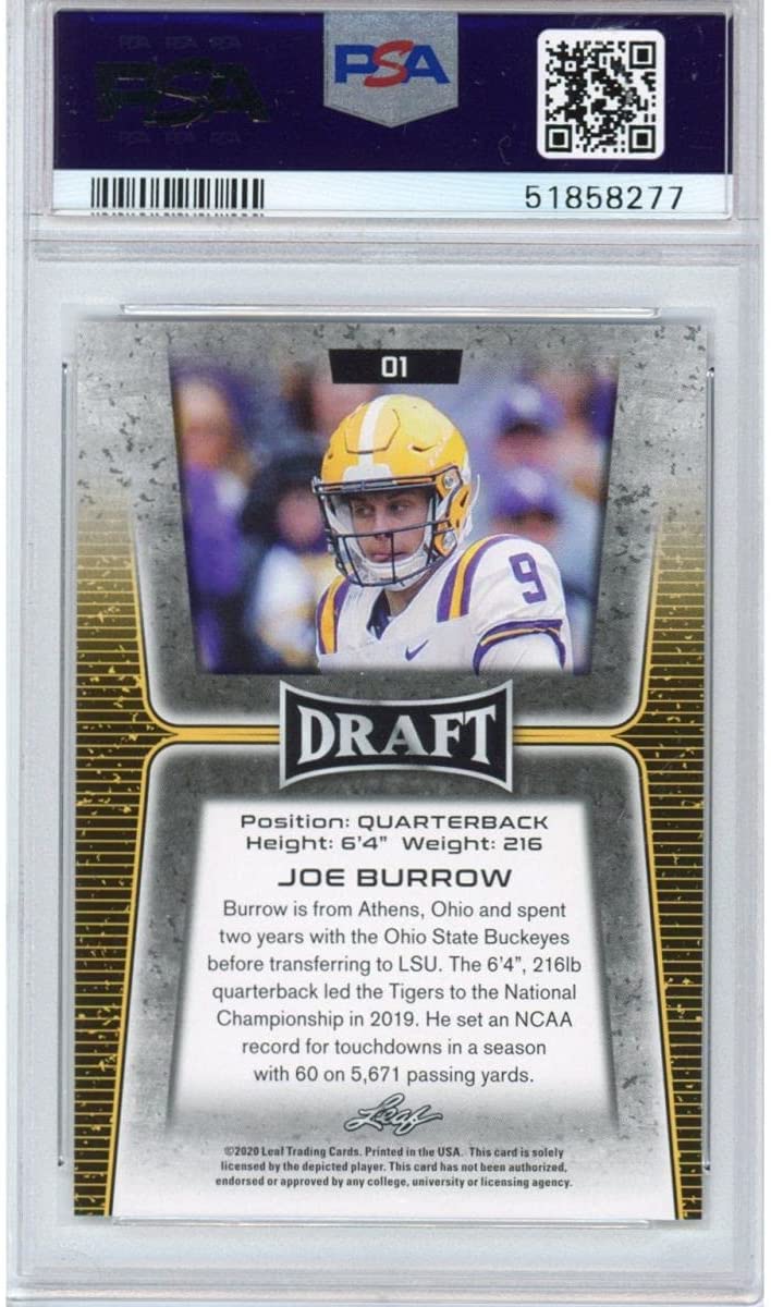 Graded 2020 Leaf Draft Joe Burrow #1 Rookie RC Football Card PSA 10 Gem Mint