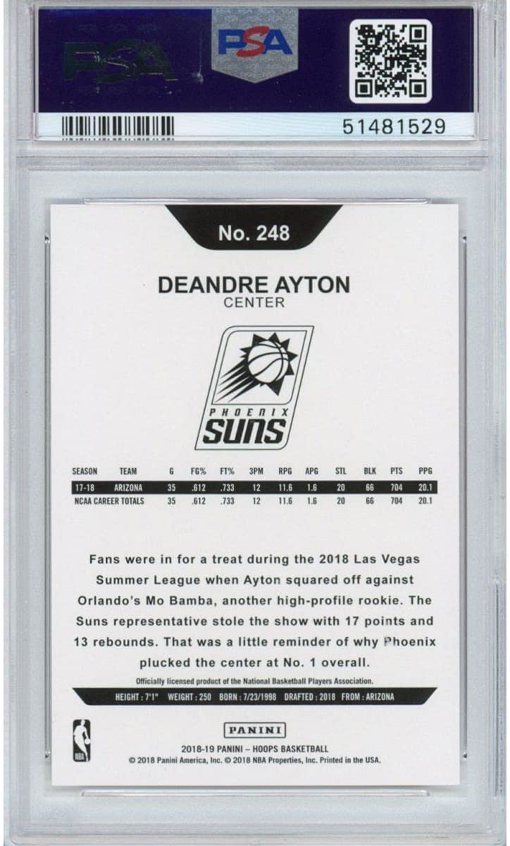 Graded 2018-19 Panini Hoops Deandre Ayton #248 Rookie RC Basketball Card PSA 10 Gem Mint