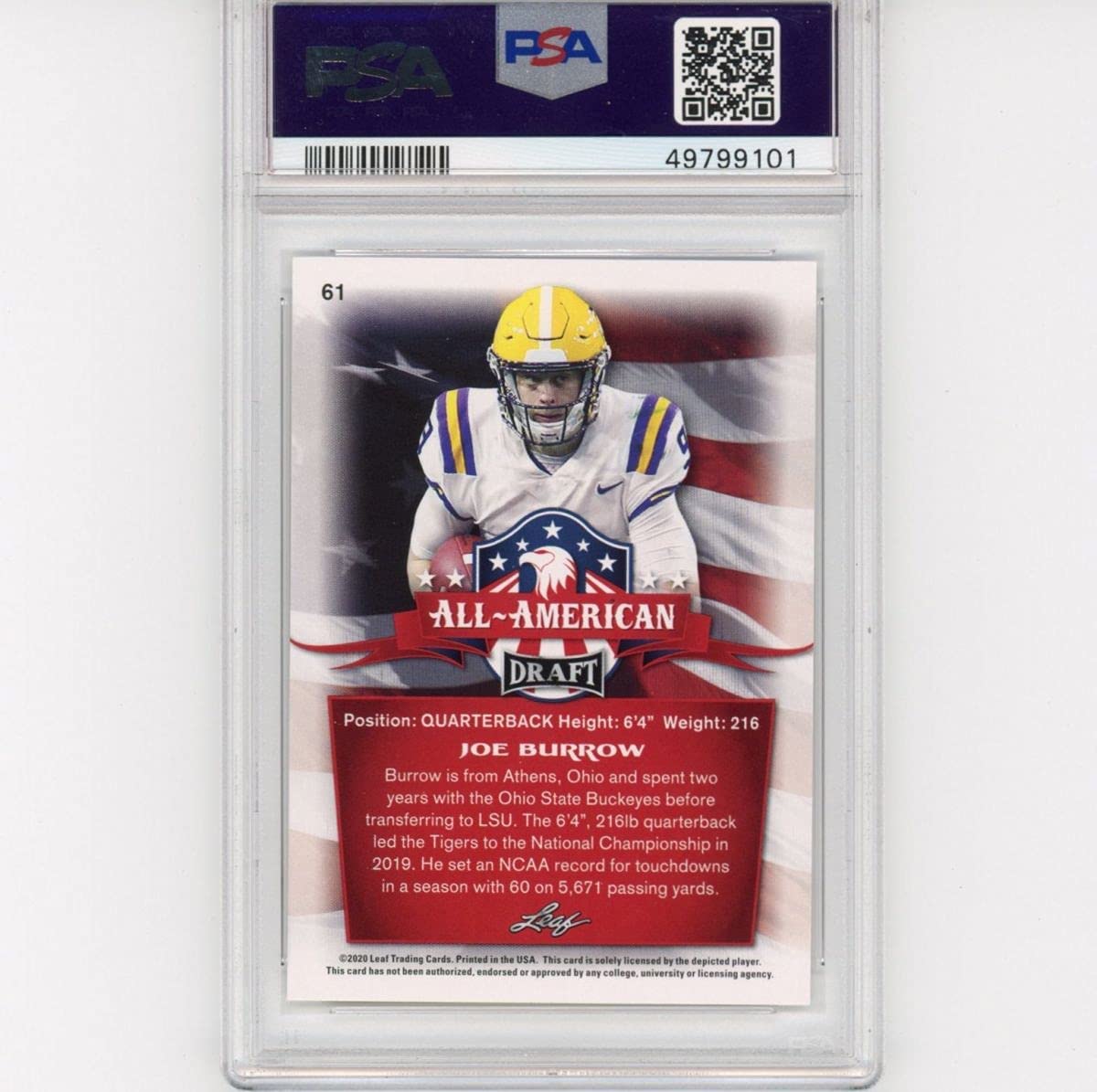 Graded 2020 Leaf Draft Joe Burrow #61 Rookie RC Football Card PSA 10 Gem Mint