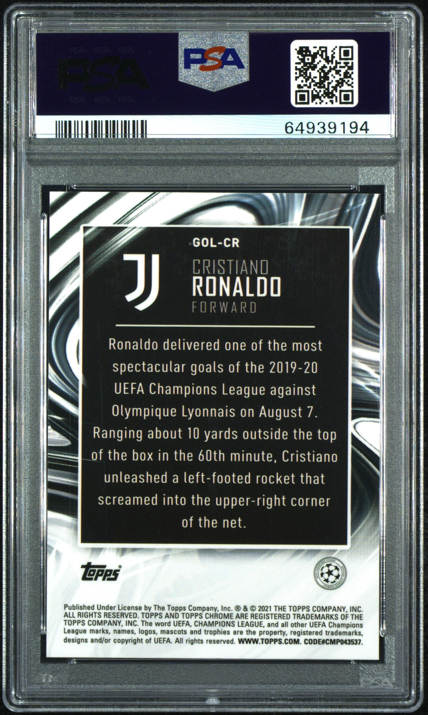 Graded 2020 Topps Chrome UCL Cristiano Ronaldo #GOLCR Golazo UEFA Champions League Soccer Card PSA 10 Gem Mint