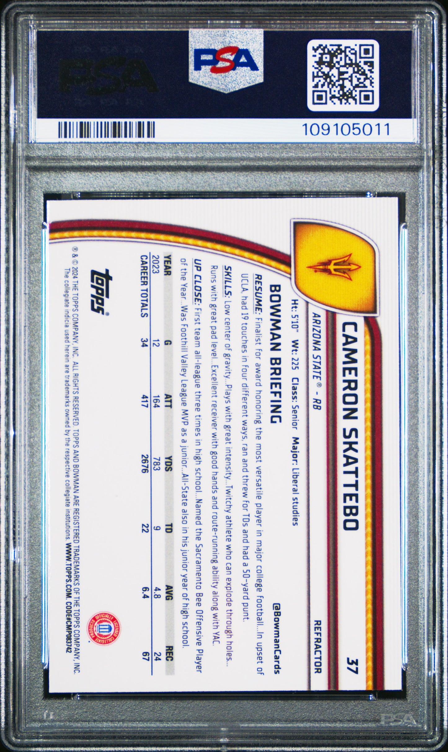 Graded 2024 Topps Bowman U Chrome Cam Skattebo #37 Refractor Rookie RC Football Card PSA 10 Gem Mint