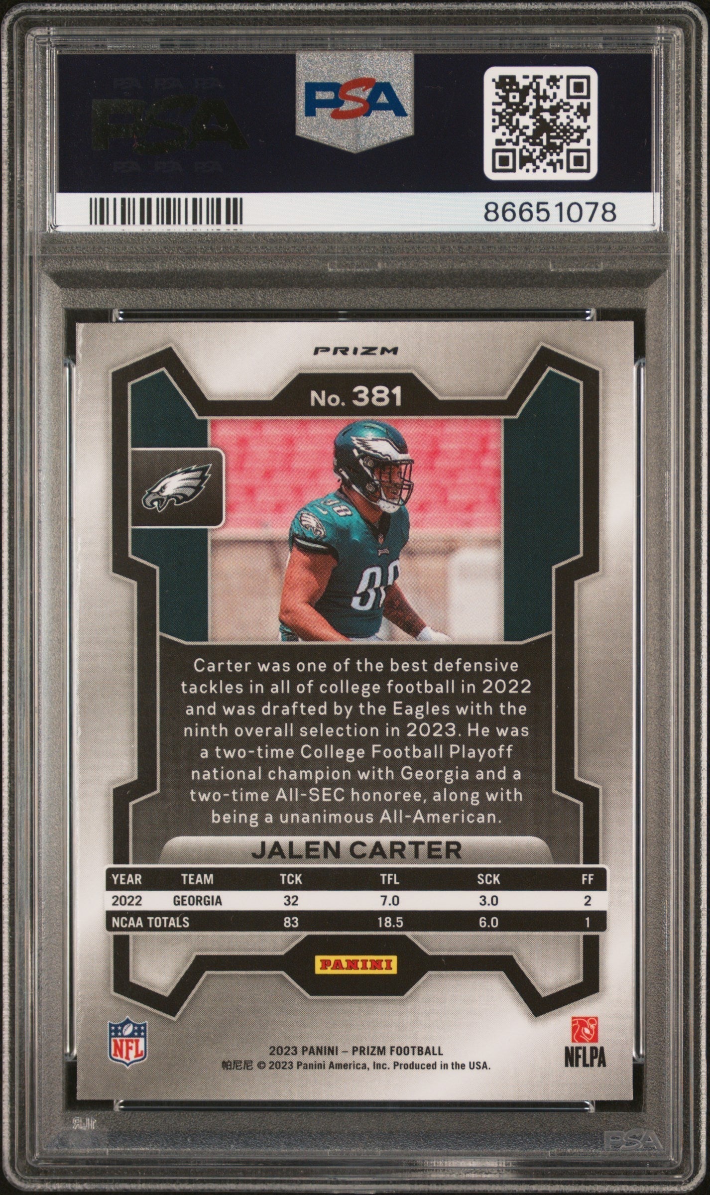 Graded 2023 Panini Prizm Jalen Carter #381 Disco Rookie RC Football Card PSA 10 Gem Mint