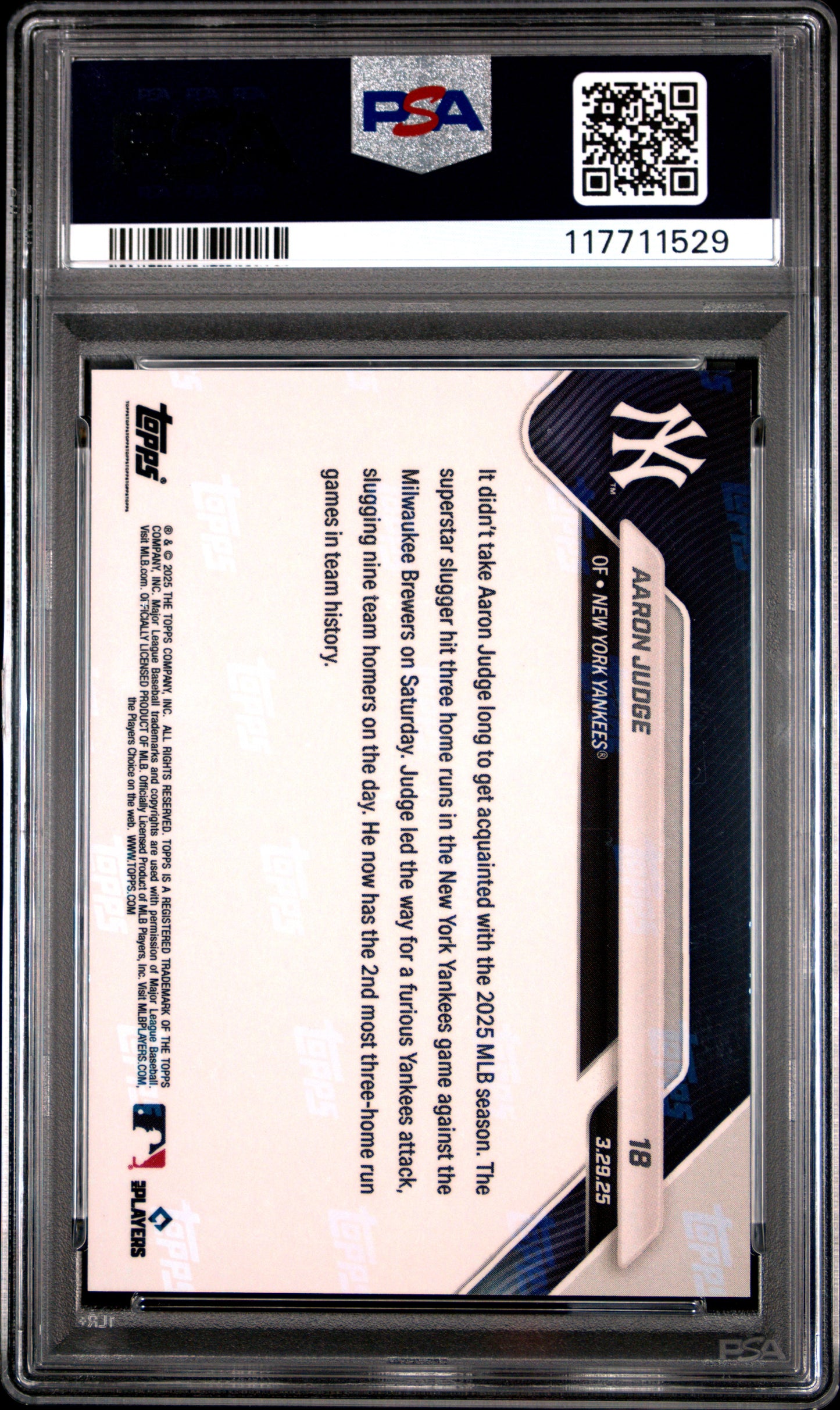Graded 2025 Topps Now Aaron Judge #18 Orange Foil /25 Baseball Card PSA 10 Gem Mint
