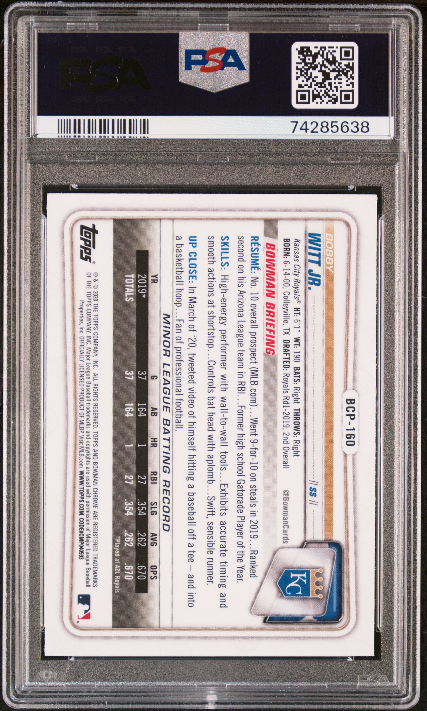 Graded 2020 Topps Bowman Chrome Bobby Witt Jr. #BCP160 Mega Box Rookie RC Baseball Card PSA 10 Gem Mint