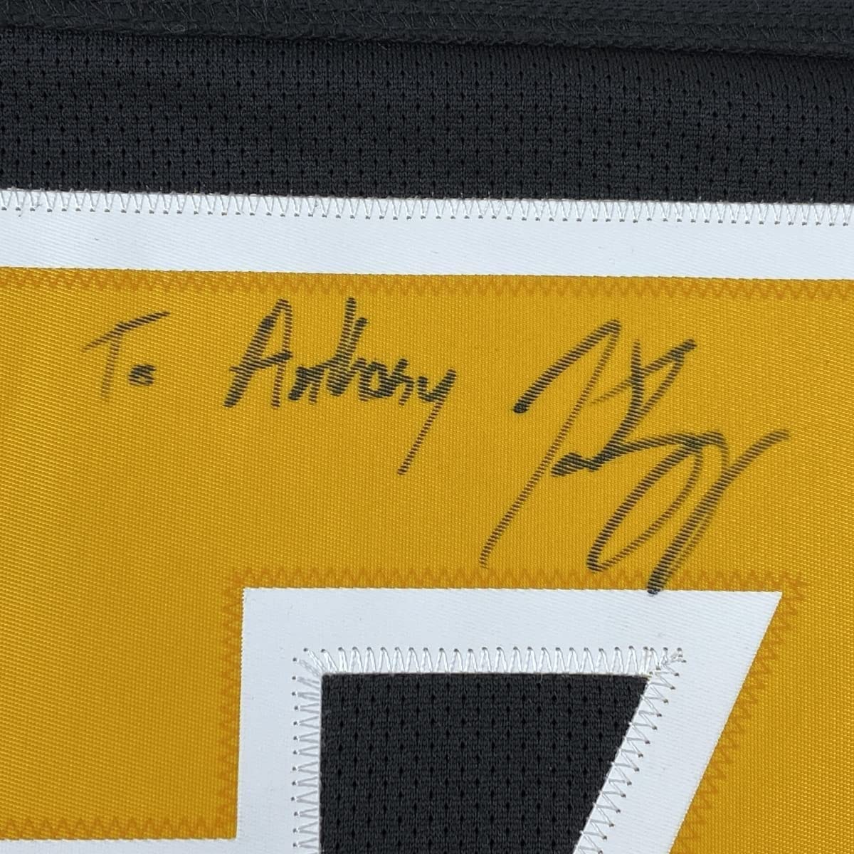 Framed Autographed/Signed Patrice 33x42 Bergeron Personalized To Anthony Boston Bruins Black Hockey Jersey JSA COA