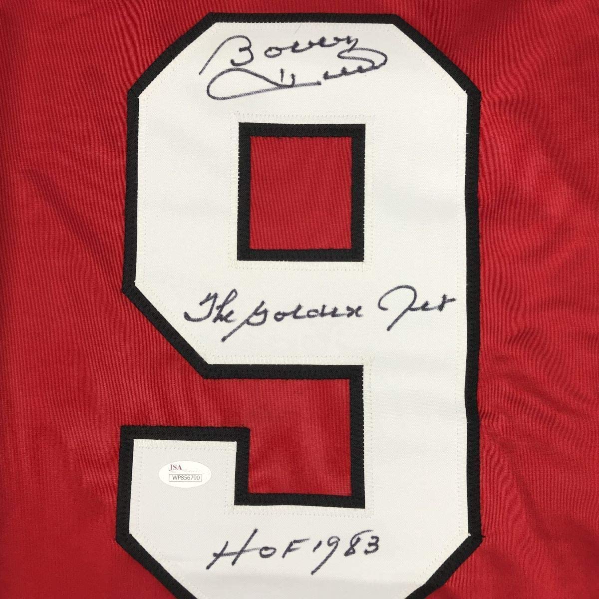 Framed Autographed/Signed Bobby Hull HOF 1983 The Golden Jet 33x42 Chicago Red Hockey Jersey JSA COA