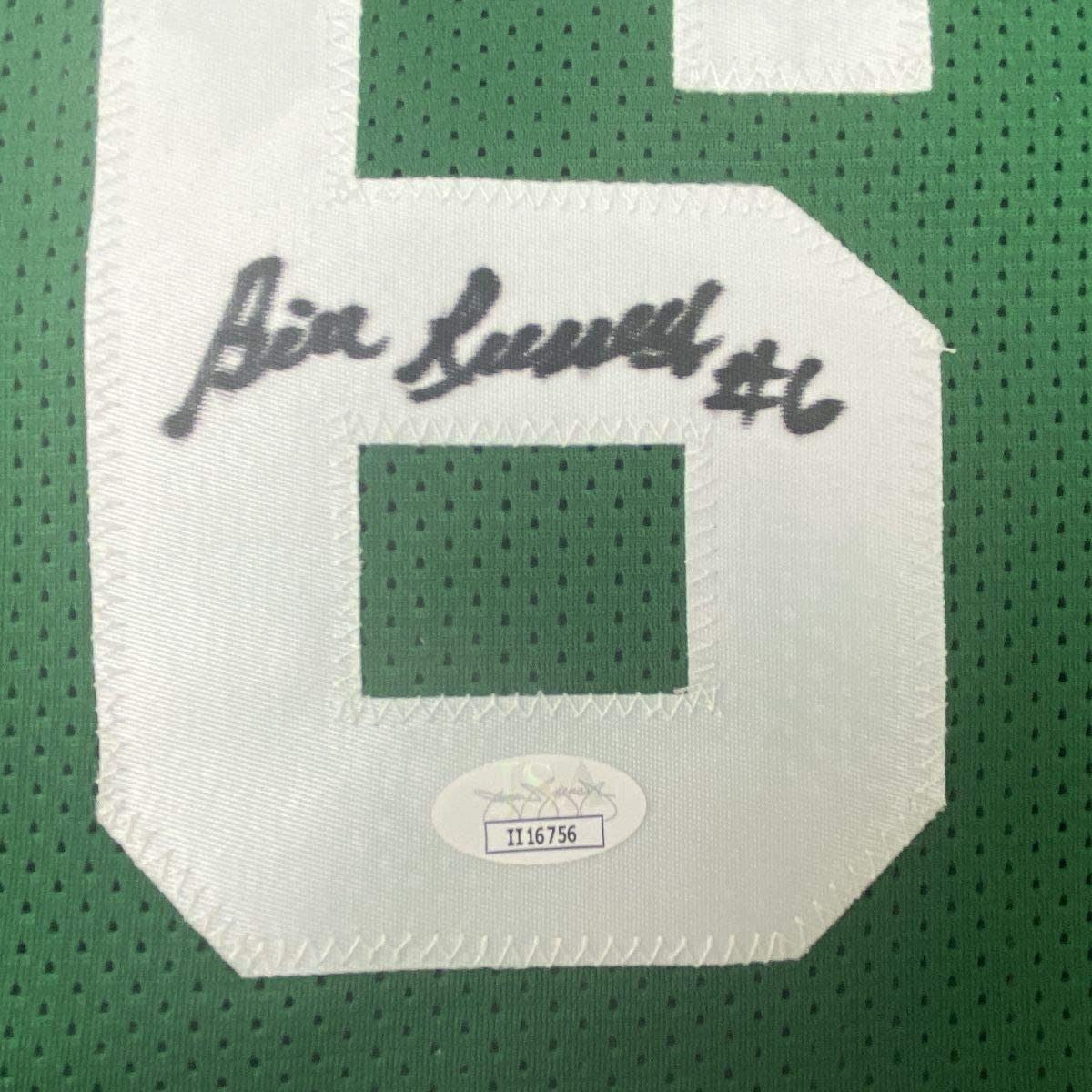 Framed Autographed/Signed Bill Russell 33x42 Boston Green Basketball Jersey JSA COA