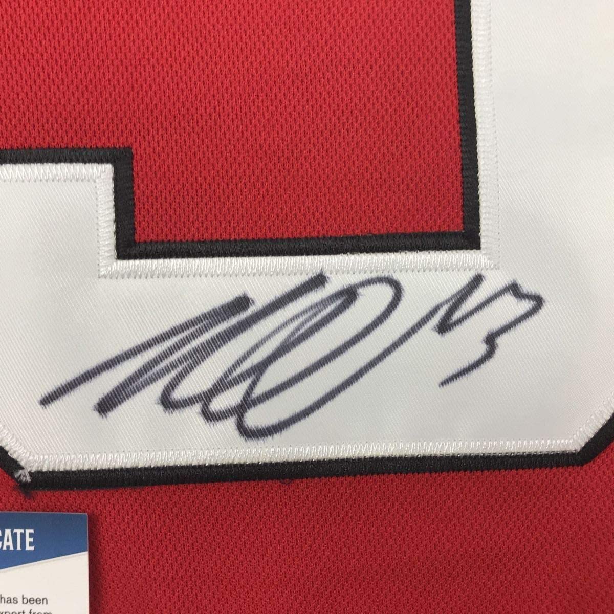 Framed Autographed/Signed Nico Hischier 33x42 New Jersey Red Hockey Jersey Beckett BAS COA