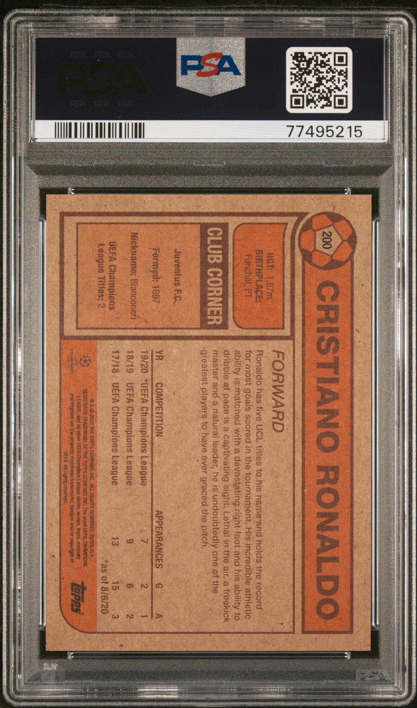 Graded 2020 Topps Living Cristiano Ronaldo #200 UEFA Champions League Soccer Card PSA 10 Gem Mint